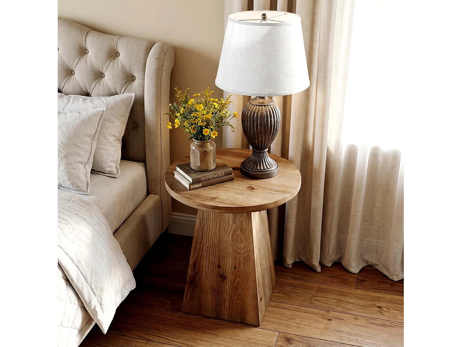 Mesa auxiliar de madera maciza, mesa lateral redonda de 48 cm con base trapezoidal para espacios pequeños