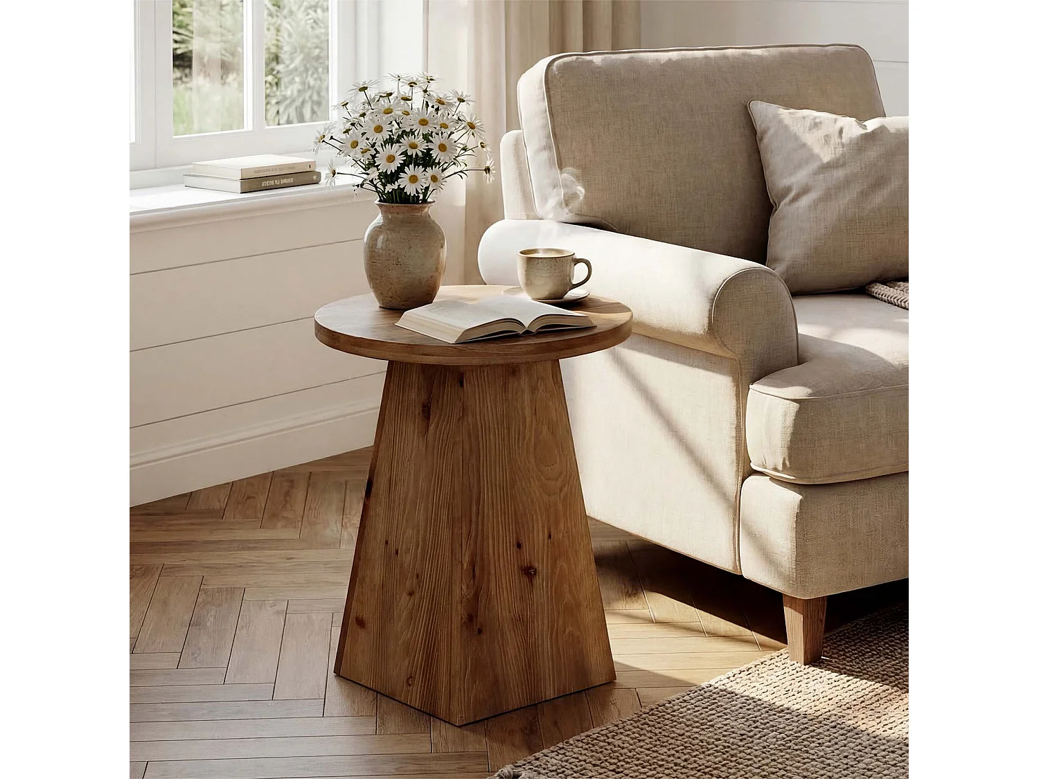 Mesa auxiliar de madera maciza, mesa lateral redonda de 48 cm con base trapezoidal para espacios pequeños