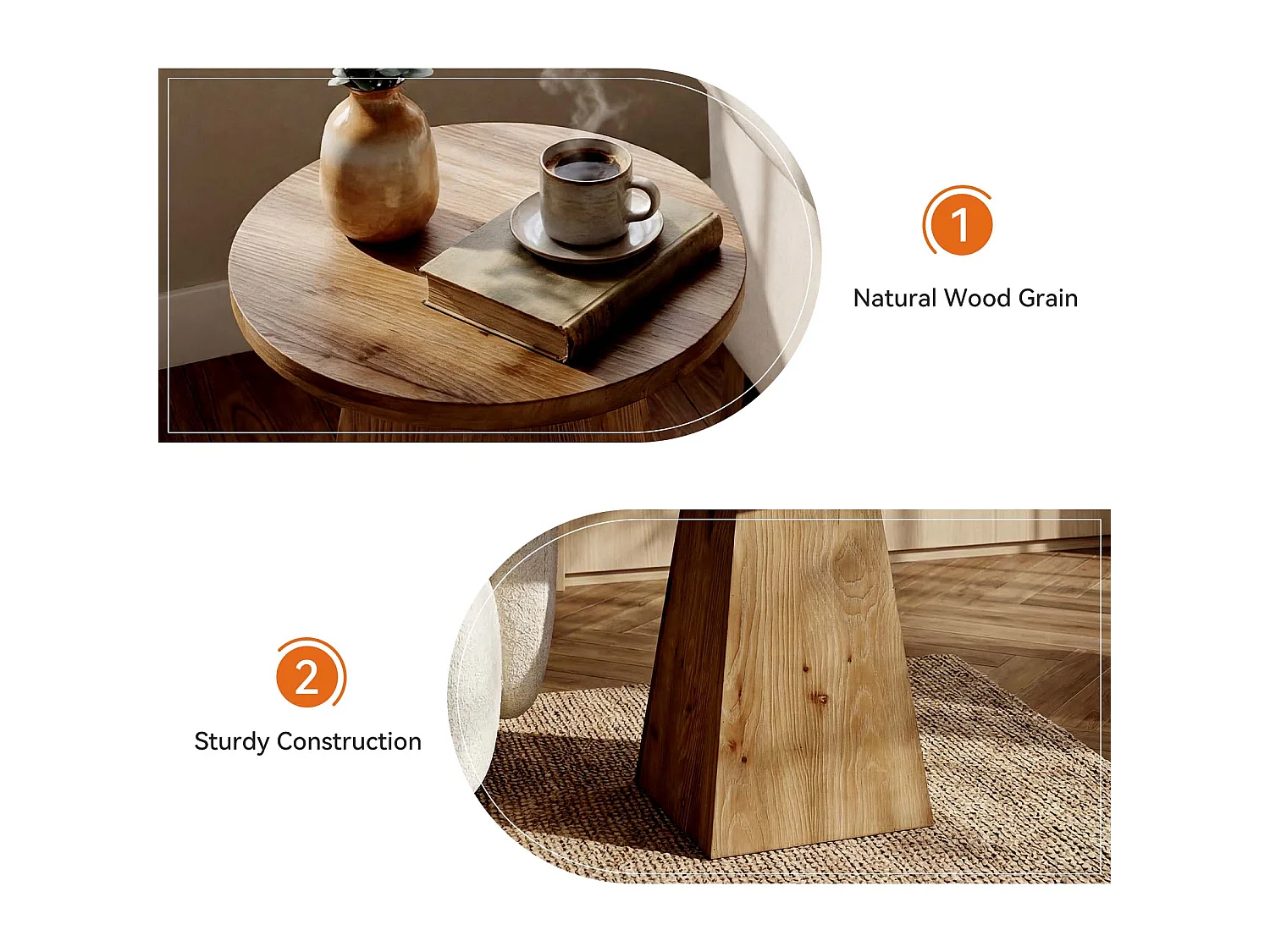 Mesa auxiliar de madera maciza, mesa lateral redonda de 48 cm con base trapezoidal para espacios pequeños