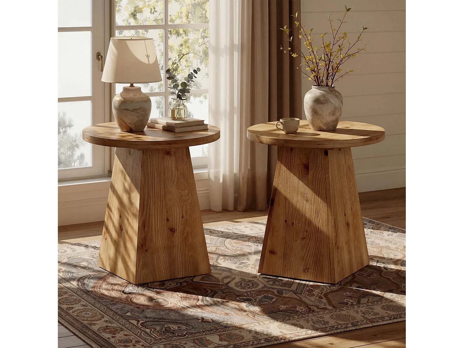 Mesa auxiliar de madera maciza, mesa lateral redonda de 48 cm con base trapezoidal para espacios pequeños