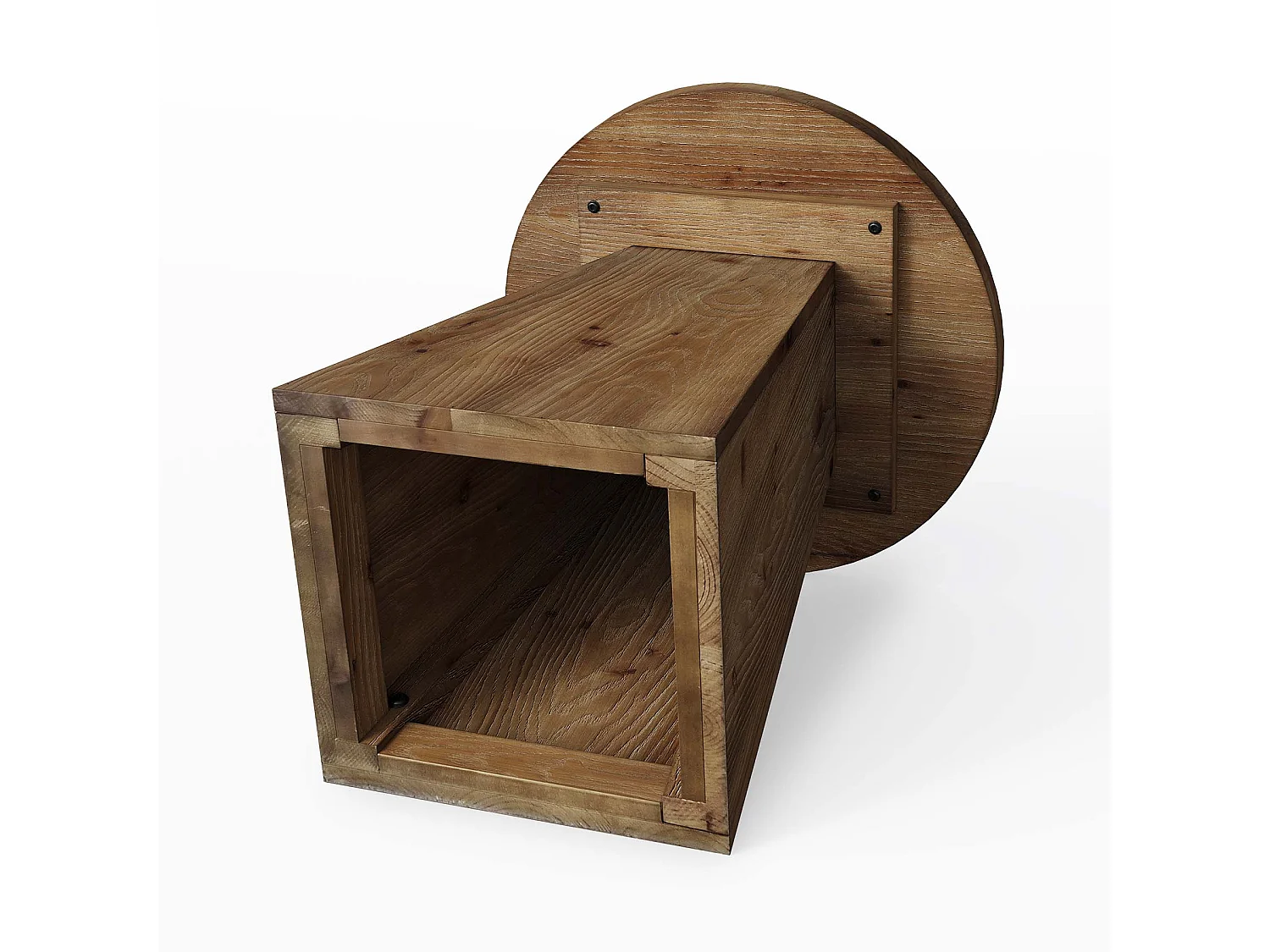Mesa auxiliar de madera maciza, mesa lateral redonda de 48 cm con base trapezoidal para espacios pequeños