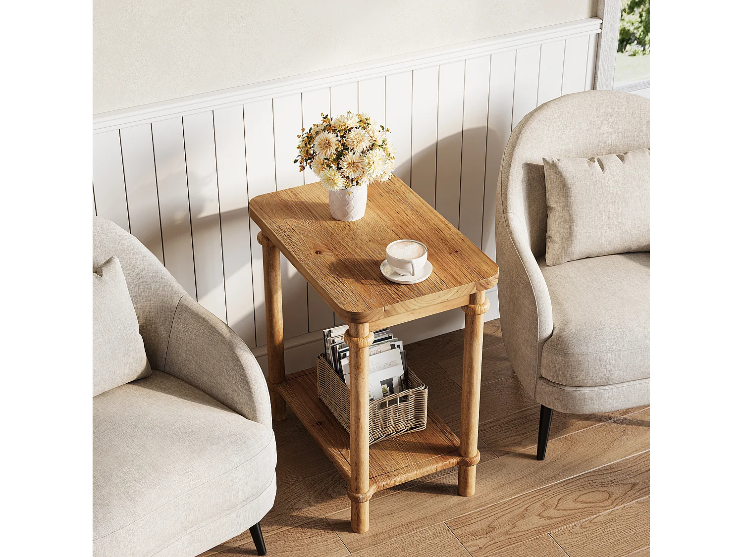 Ensemble de 2 tables d'appoint en bois massif, table de chevet rectangulaire étroite avec 2 étagères de rangement, idéale pour les petits espaces et le salon.
