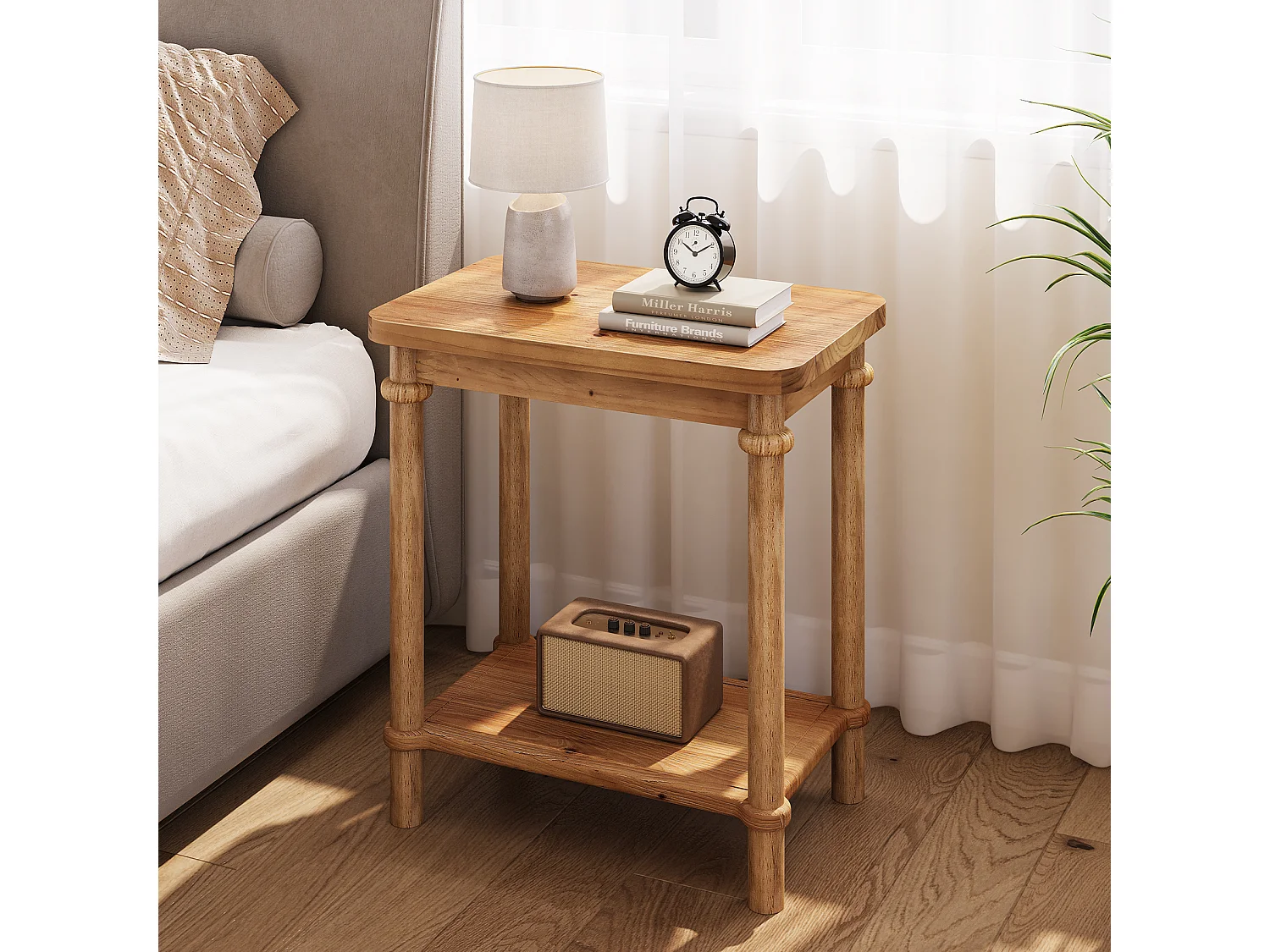 Ensemble de 2 tables d'appoint en bois massif, table de chevet rectangulaire étroite avec 2 étagères de rangement, idéale pour les petits espaces et le salon.
