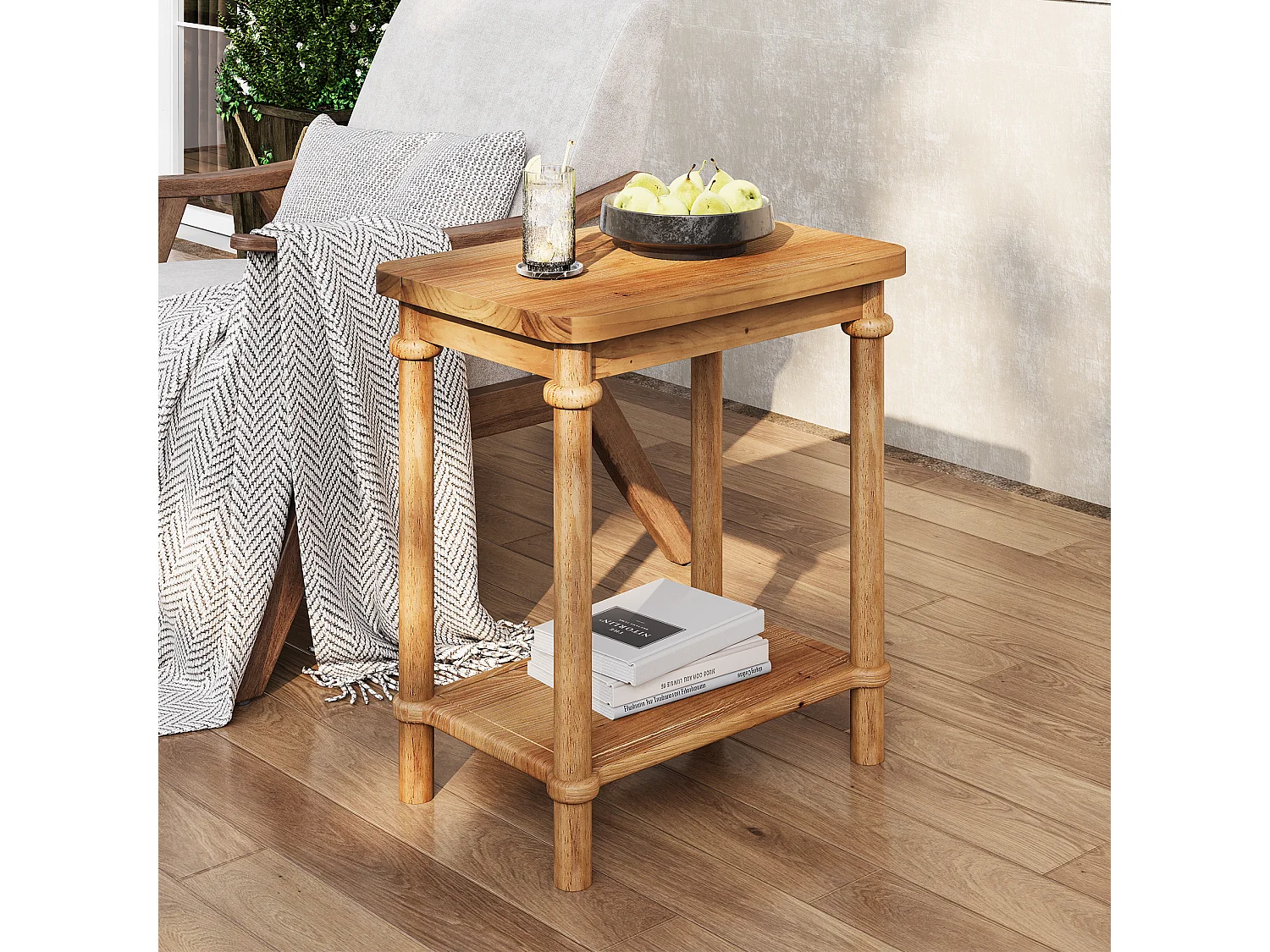 Ensemble de 2 tables d'appoint en bois massif, table de chevet rectangulaire étroite avec 2 étagères de rangement, idéale pour les petits espaces et le salon.