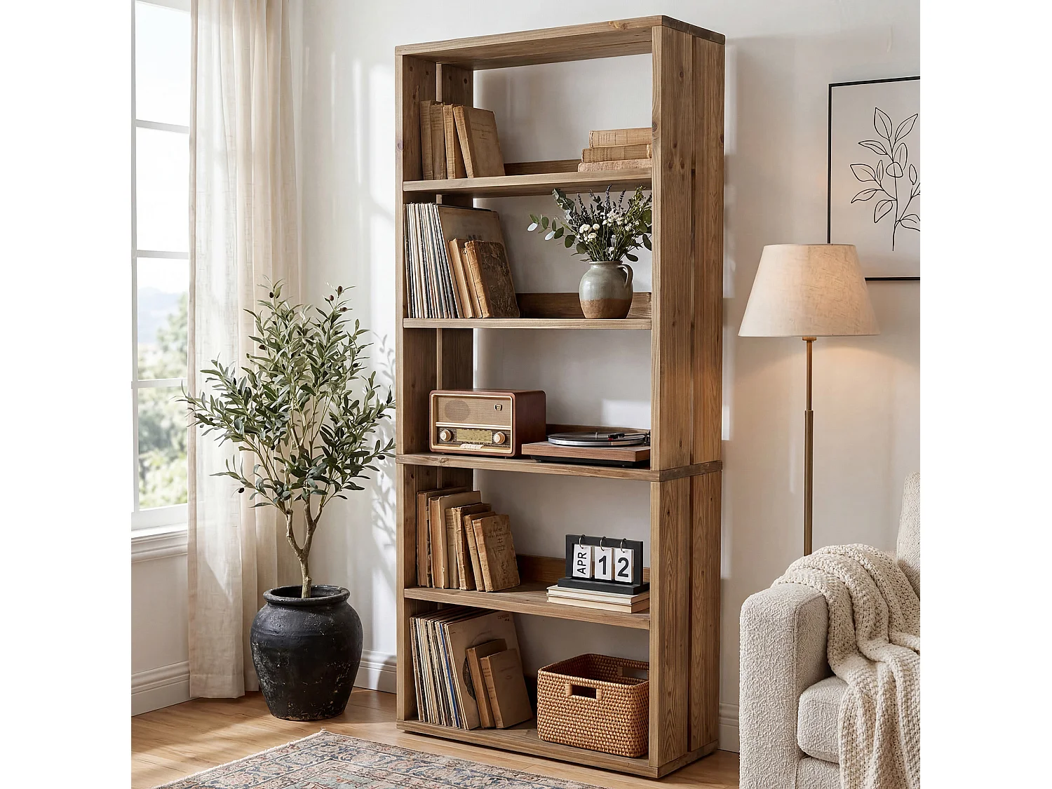 Bibliothèque en bois massif de 180 cm, bibliothèque de style campagnard à 5 niveaux avec rangement