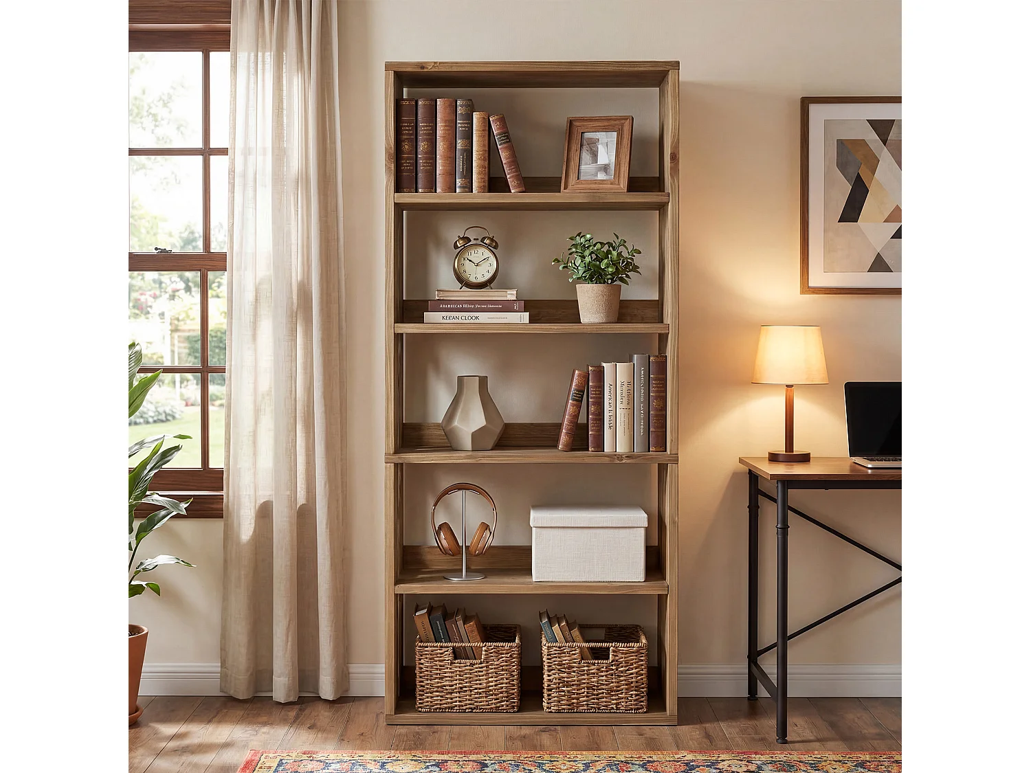 Bibliothèque en bois massif de 180 cm, bibliothèque de style campagnard à 5 niveaux avec rangement
