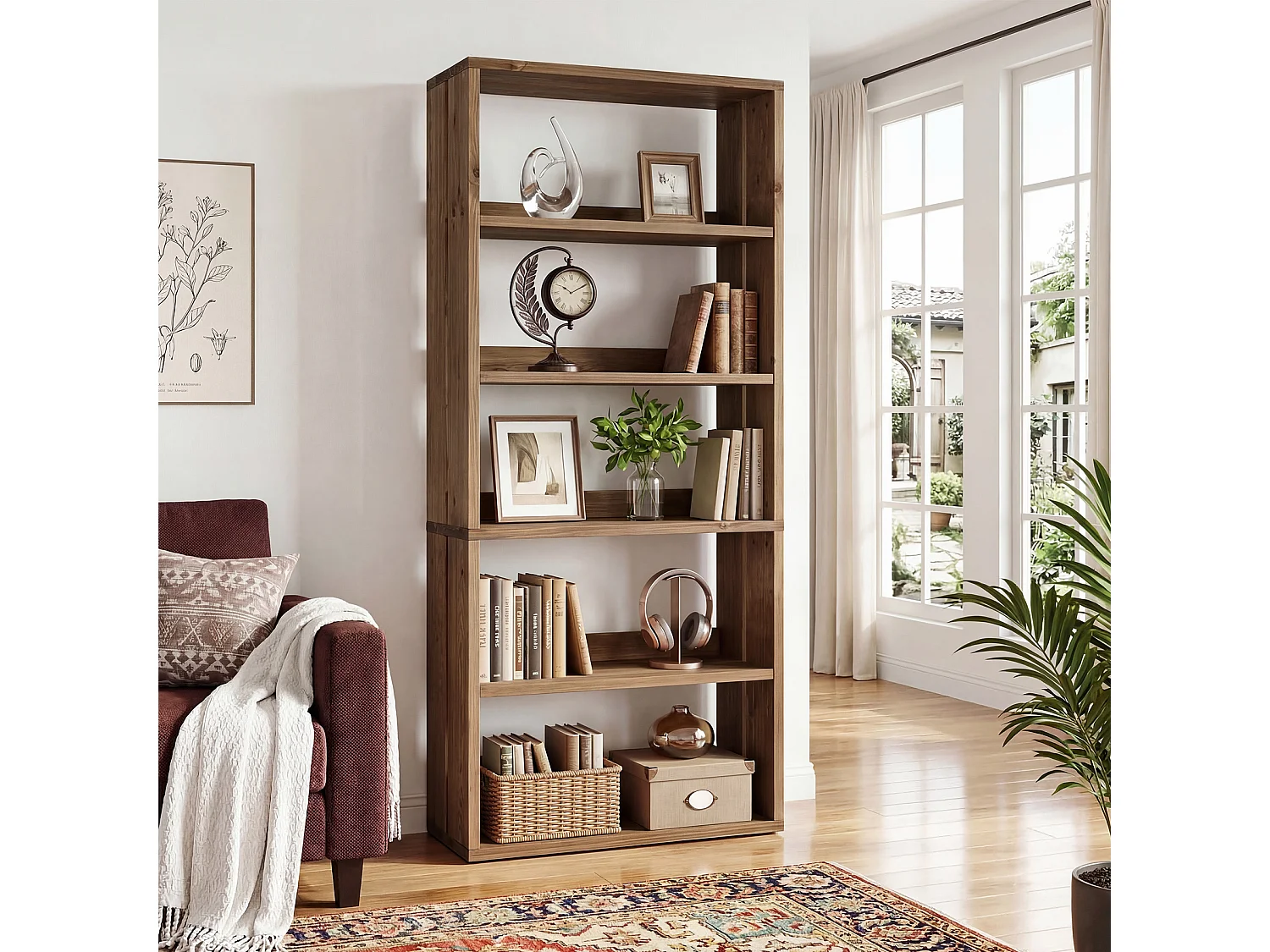 Bibliothèque en bois massif de 180 cm, bibliothèque de style campagnard à 5 niveaux avec rangement
