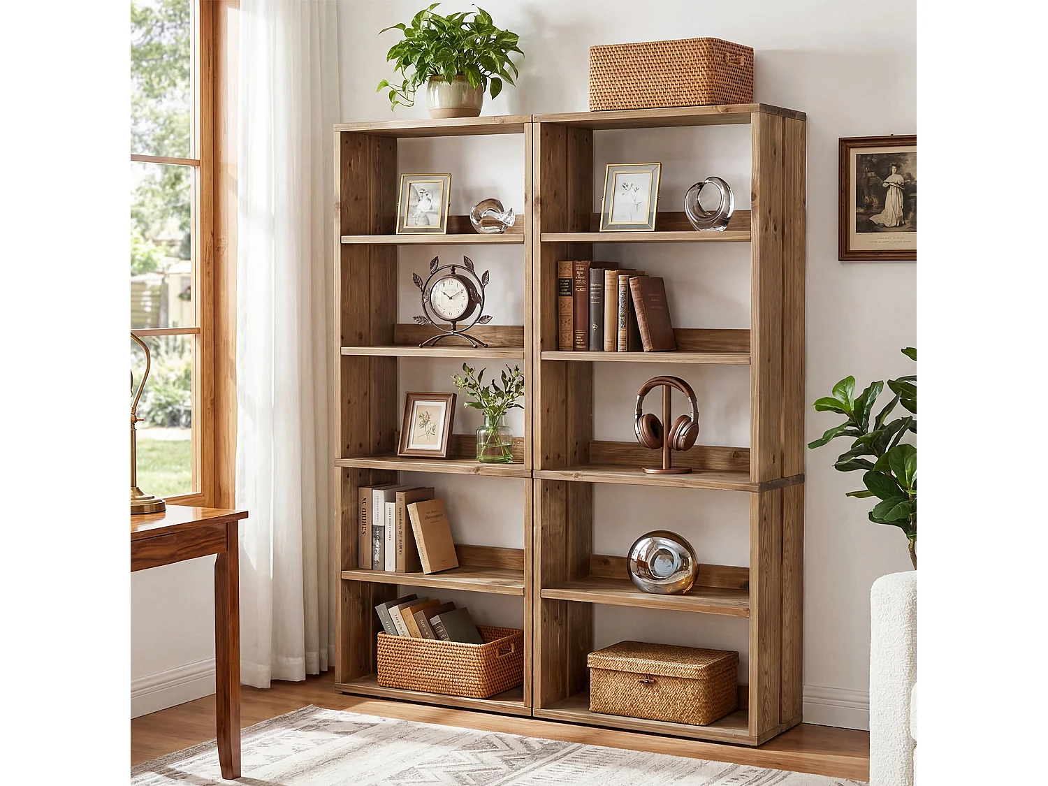 Bibliothèque en bois massif de 180 cm, bibliothèque de style campagnard à 5 niveaux avec rangement