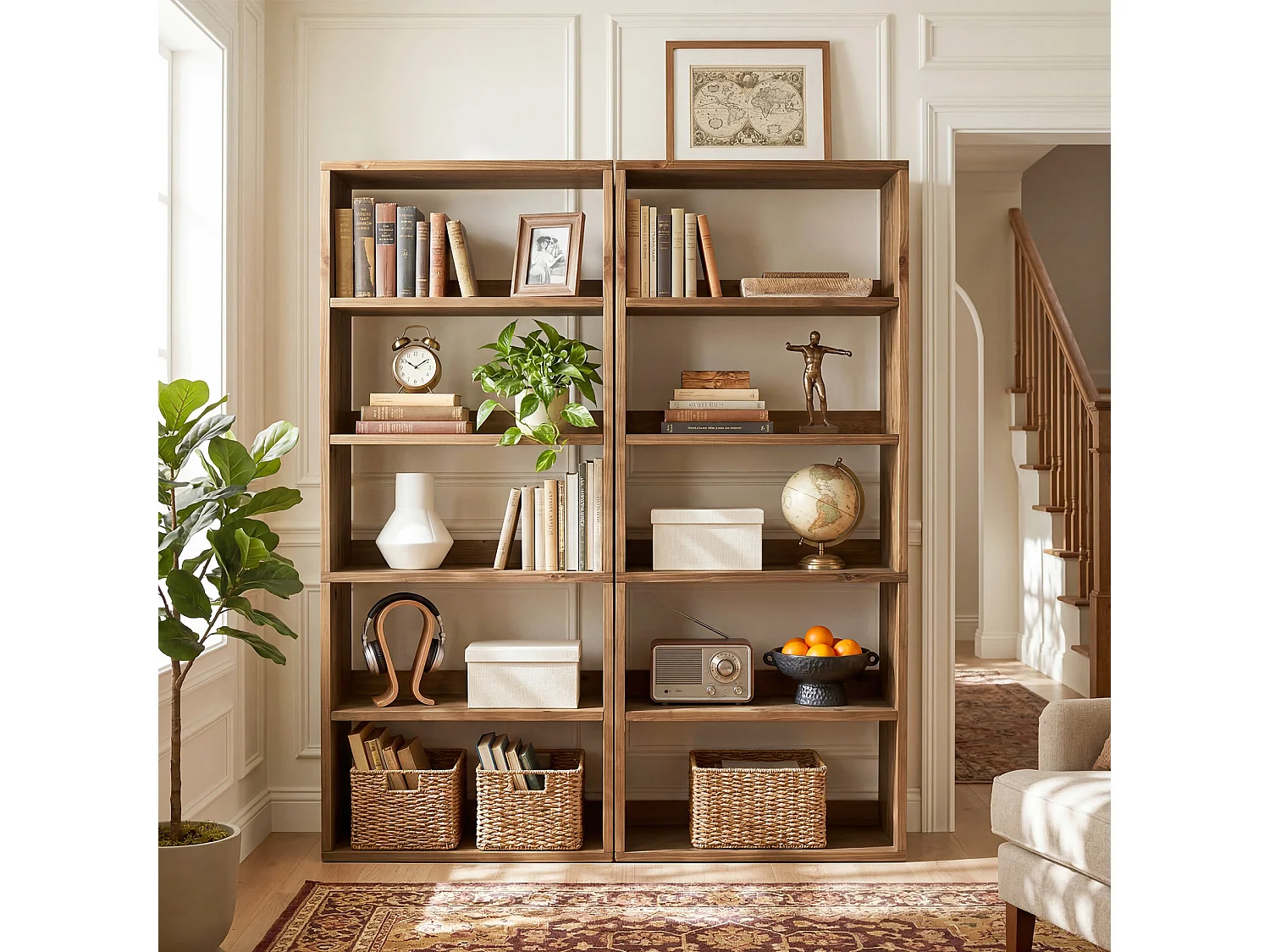 Bibliothèque en bois massif de 180 cm, bibliothèque de style campagnard à 5 niveaux avec rangement