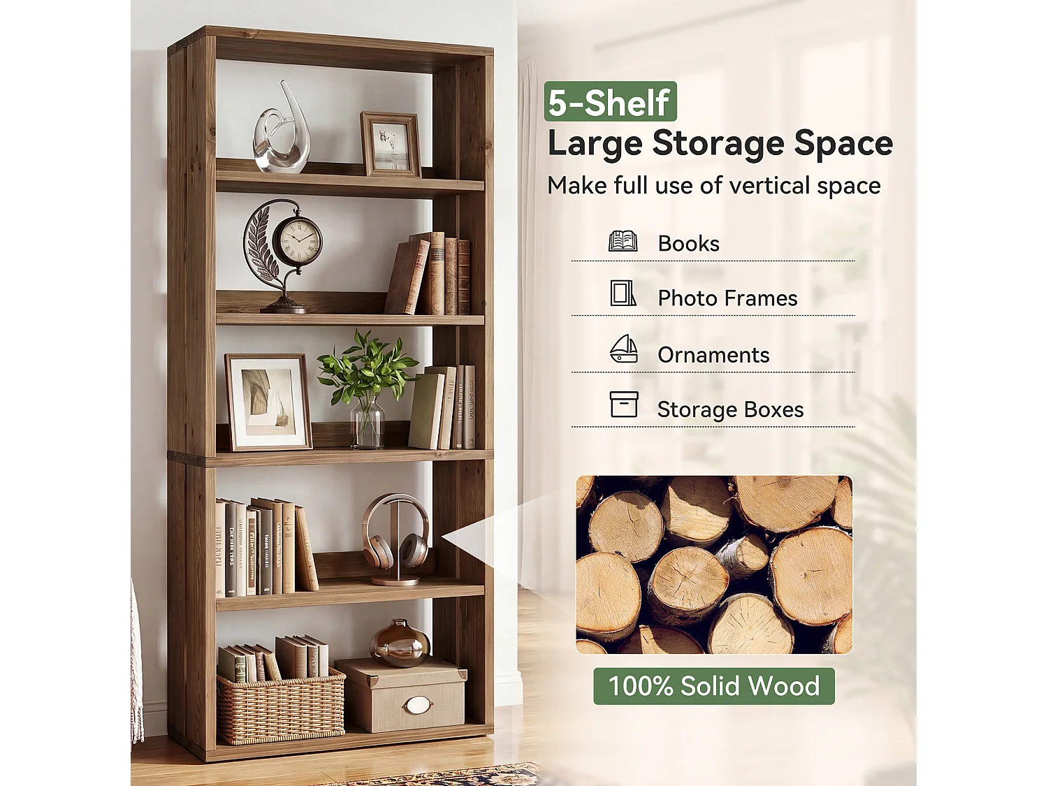 Bibliothèque en bois massif de 180 cm, bibliothèque de style campagnard à 5 niveaux avec rangement