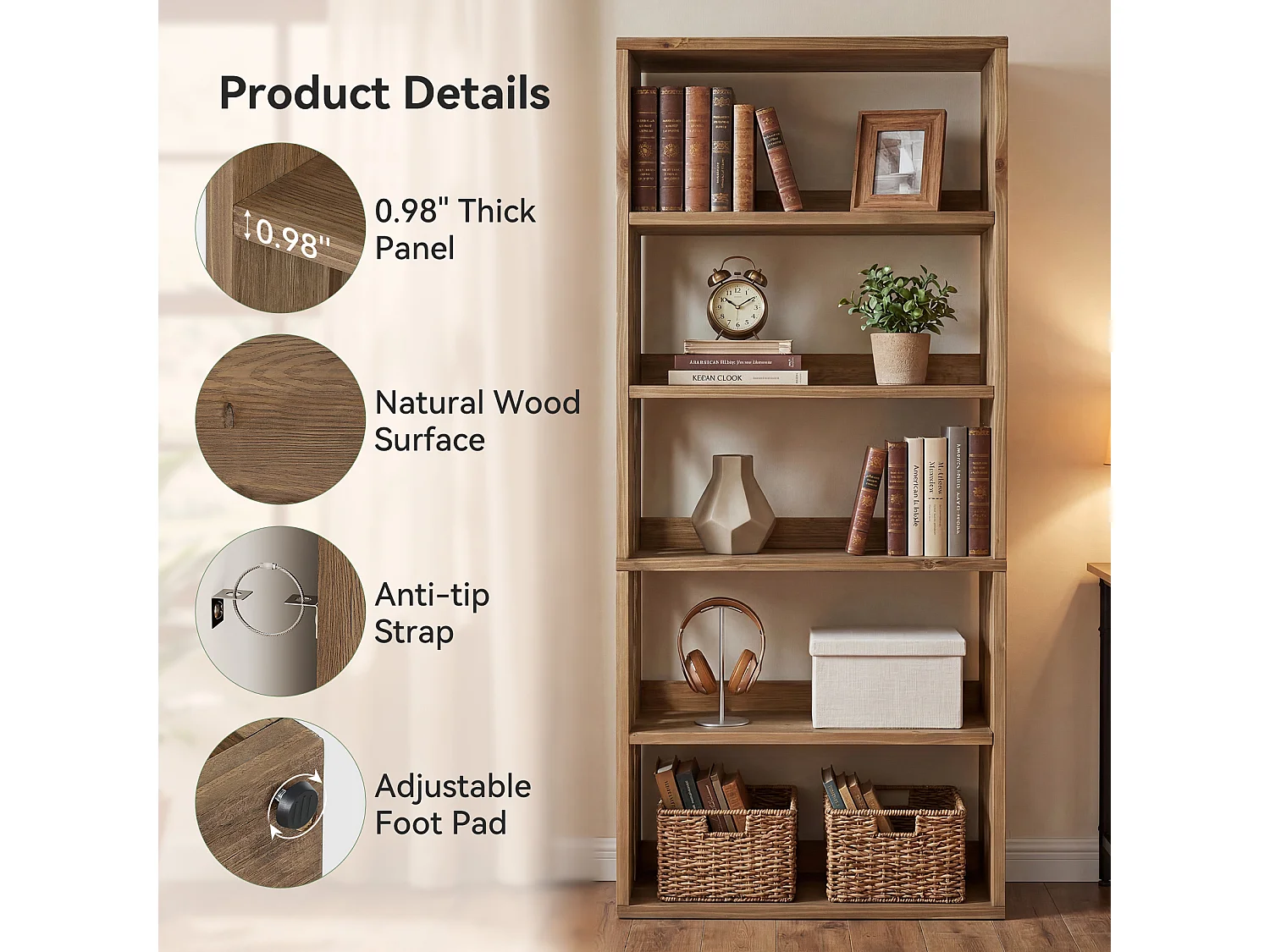 Bibliothèque en bois massif de 180 cm, bibliothèque de style campagnard à 5 niveaux avec rangement