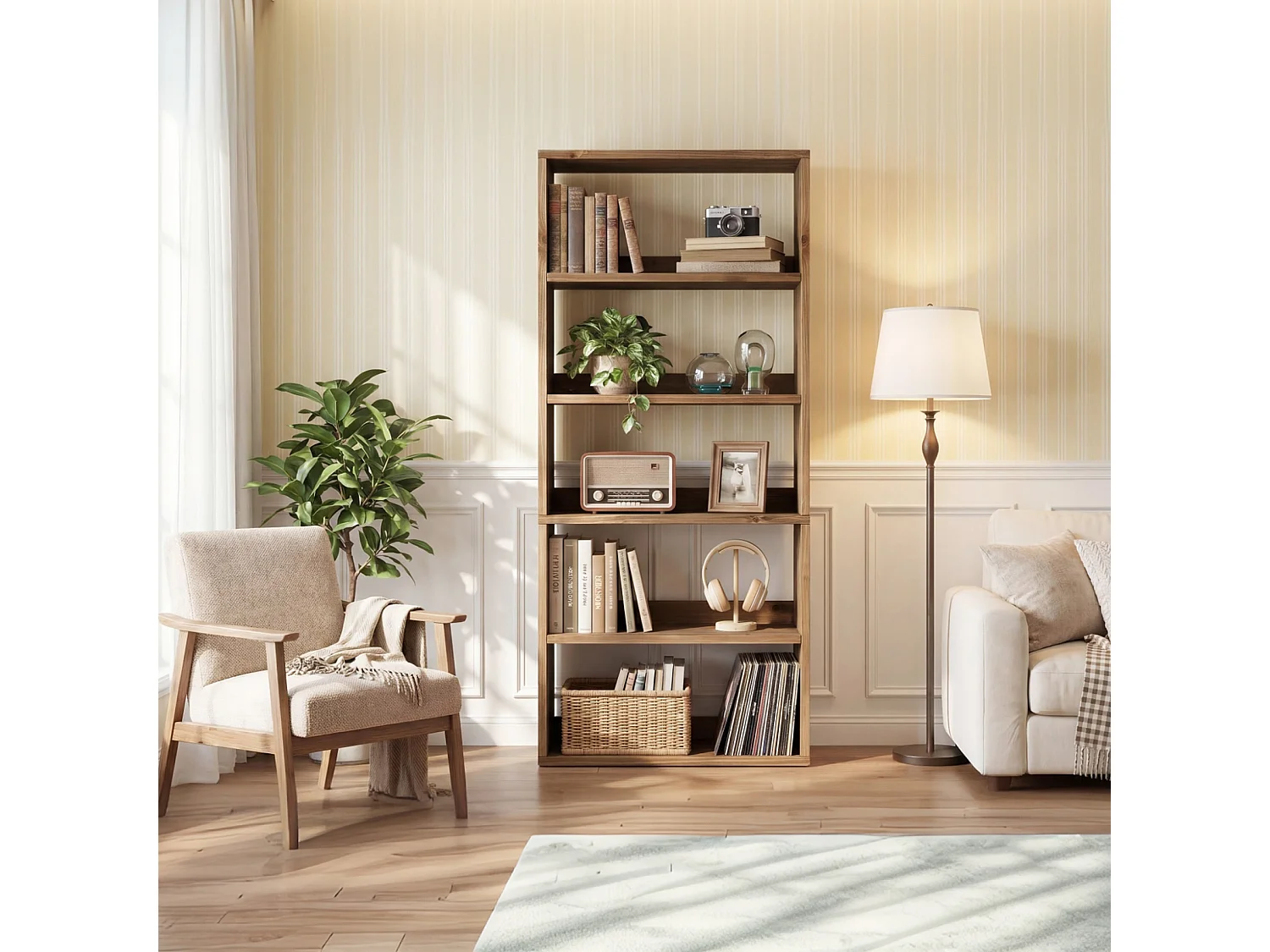Bibliothèque en bois massif de 180 cm, bibliothèque de style campagnard à 5 niveaux avec rangement