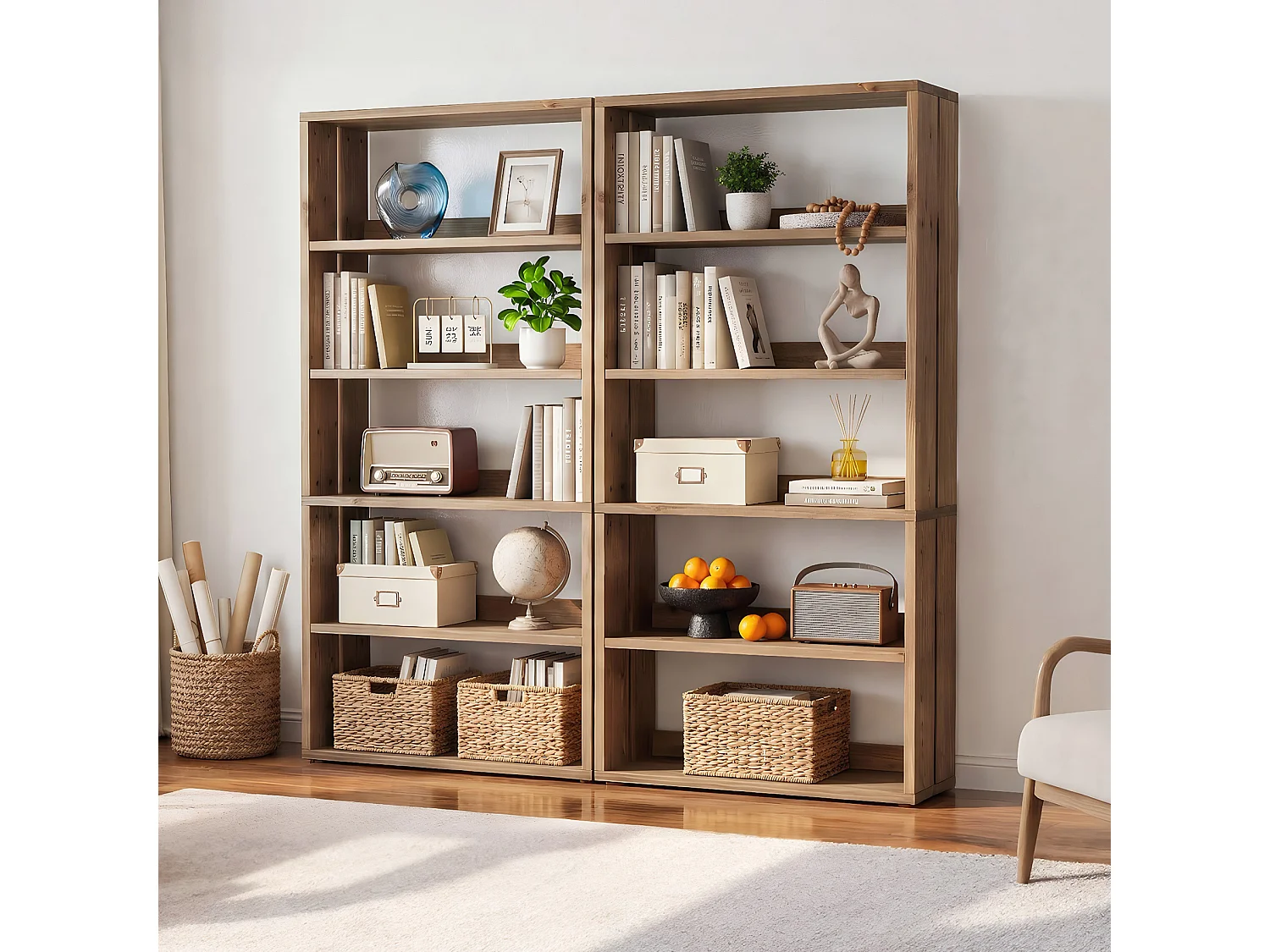 Bibliothèque en bois massif de 180 cm, bibliothèque de style campagnard à 5 niveaux avec rangement