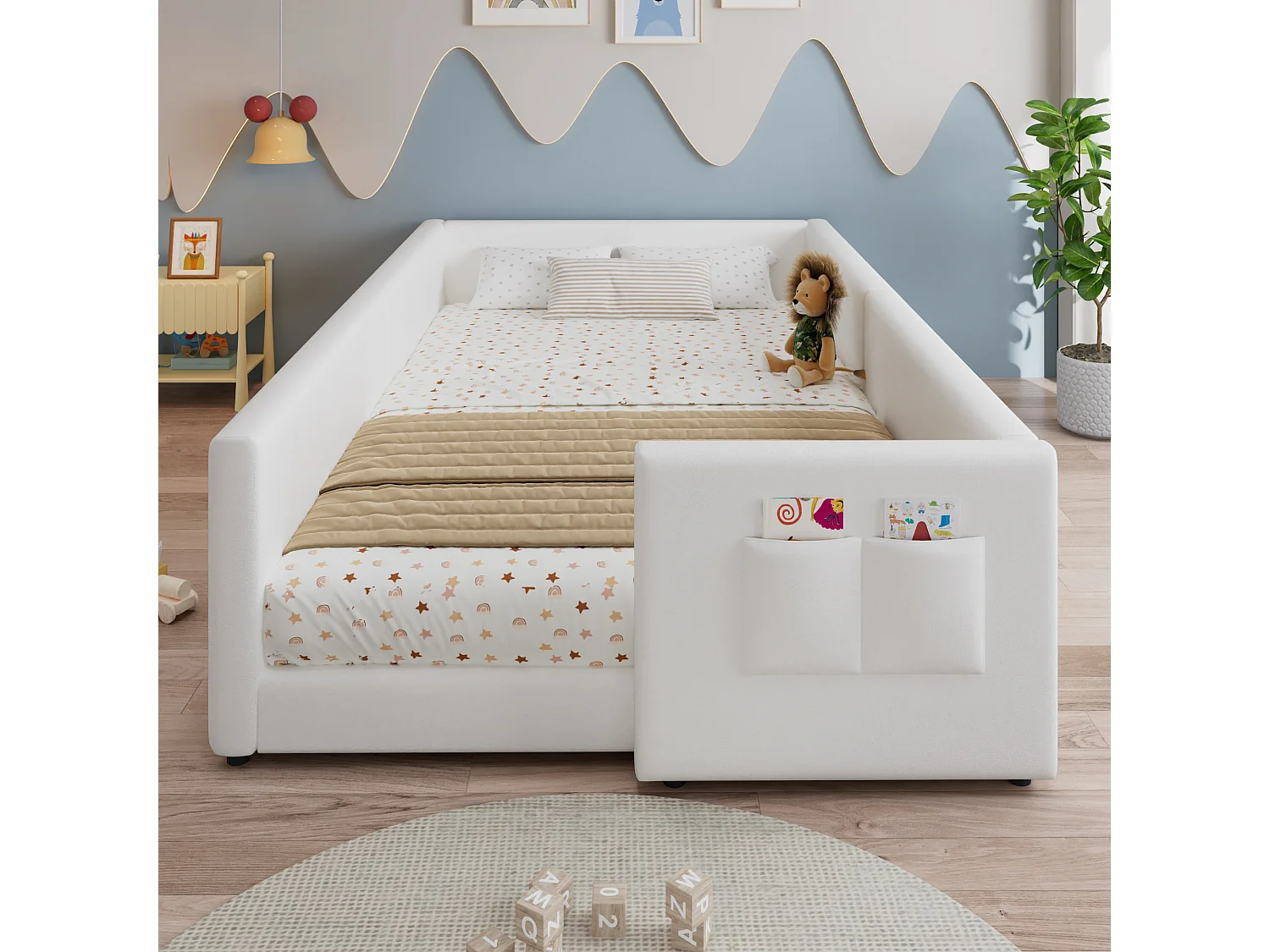 Lit capitonné enfant 90 x 200 cm rembourré avec poche latérale, lit bas - Velours et bois - Blanc (sans matelas)