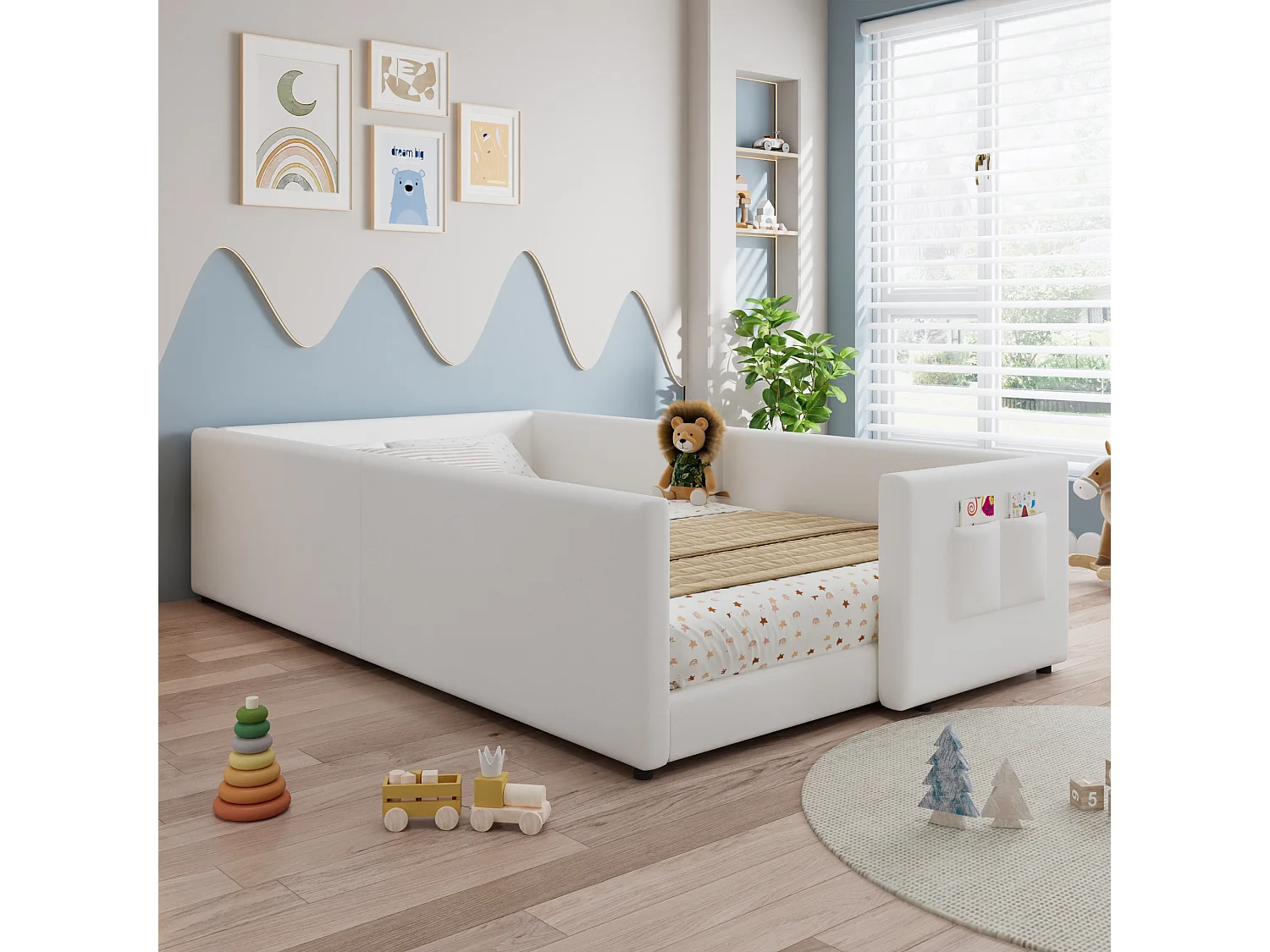 Lit capitonné enfant 90 x 200 cm rembourré avec poche latérale, lit bas - Velours et bois - Blanc (sans matelas)