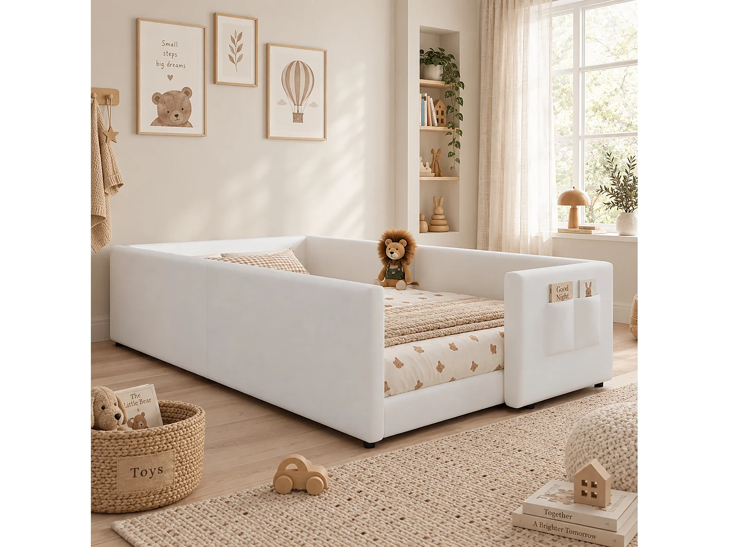 Lit capitonné enfant 90 x 200 cm rembourré avec poche latérale, lit bas - Velours et bois - Blanc (sans matelas)