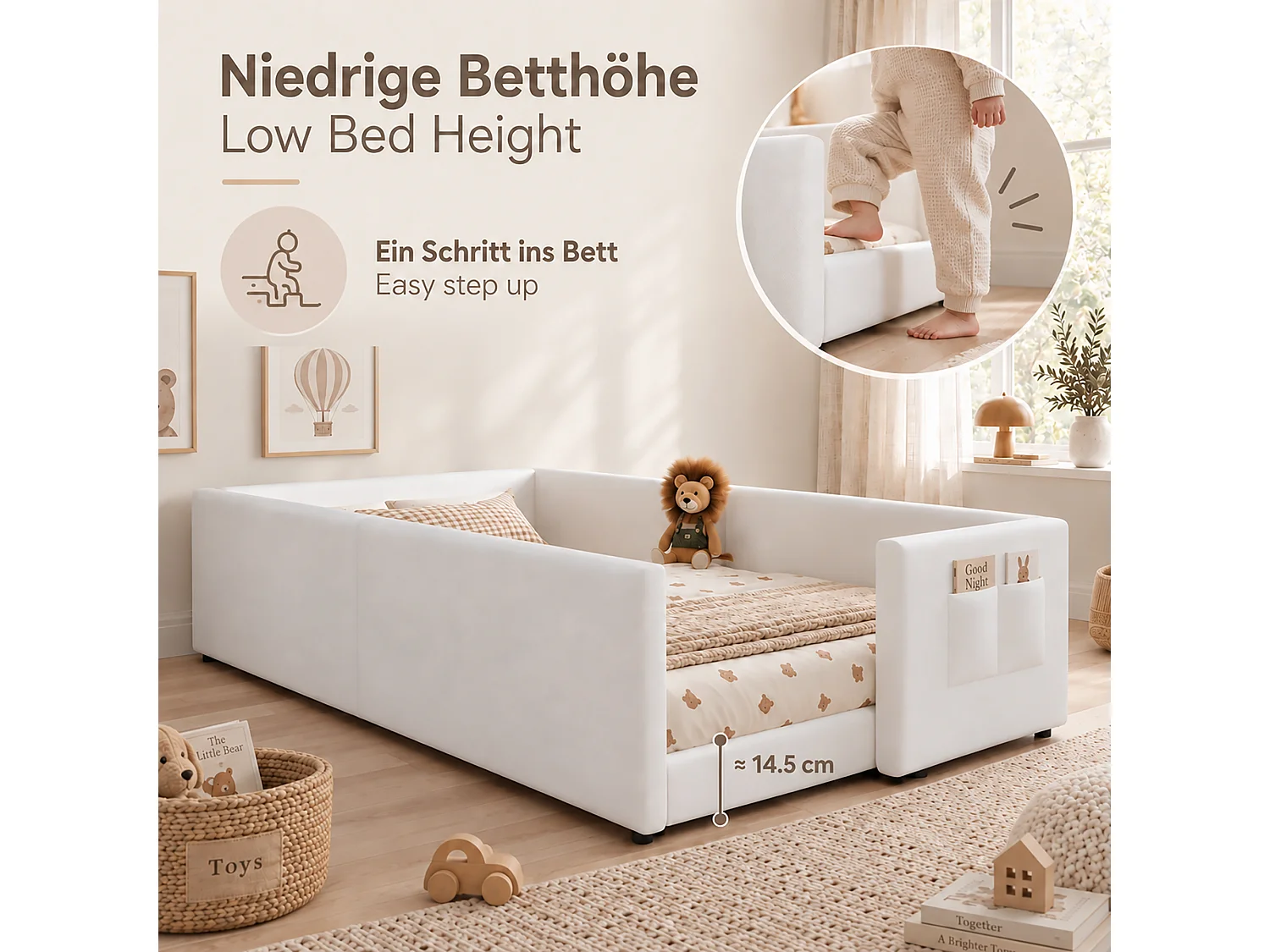 Lit capitonné enfant 90 x 200 cm rembourré avec poche latérale, lit bas - Velours et bois - Blanc (sans matelas)