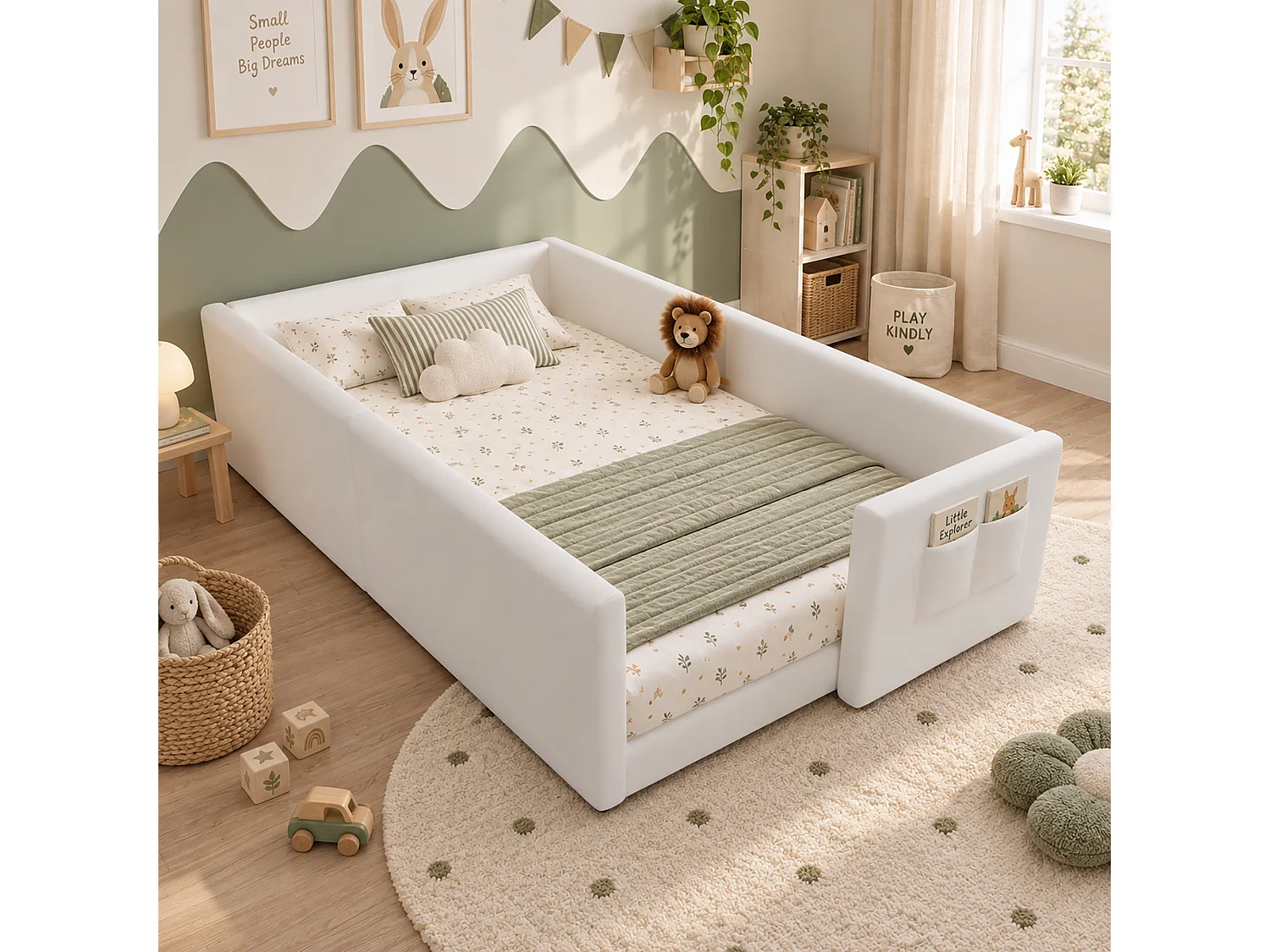Lit capitonné enfant 90 x 200 cm rembourré avec poche latérale, lit bas - Velours et bois - Blanc (sans matelas)