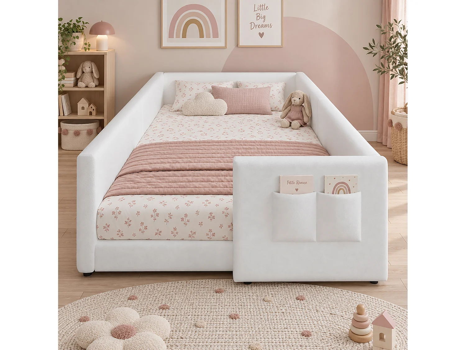 Lit capitonné enfant 90 x 200 cm rembourré avec poche latérale, lit bas - Velours et bois - Blanc (sans matelas)