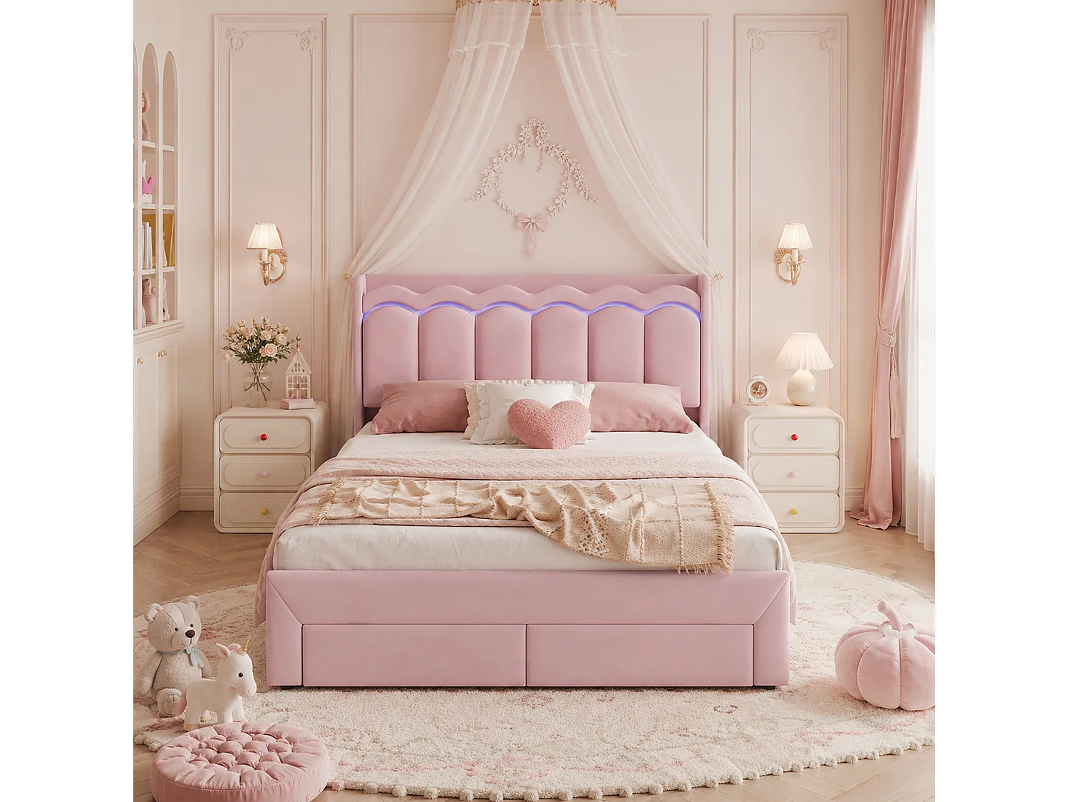 Letto per bambini 140 x 200 cm con 1 cassetto, testiera ondulata, contenitore e luci LED - Velluto - Rosa (materasso non incluso)