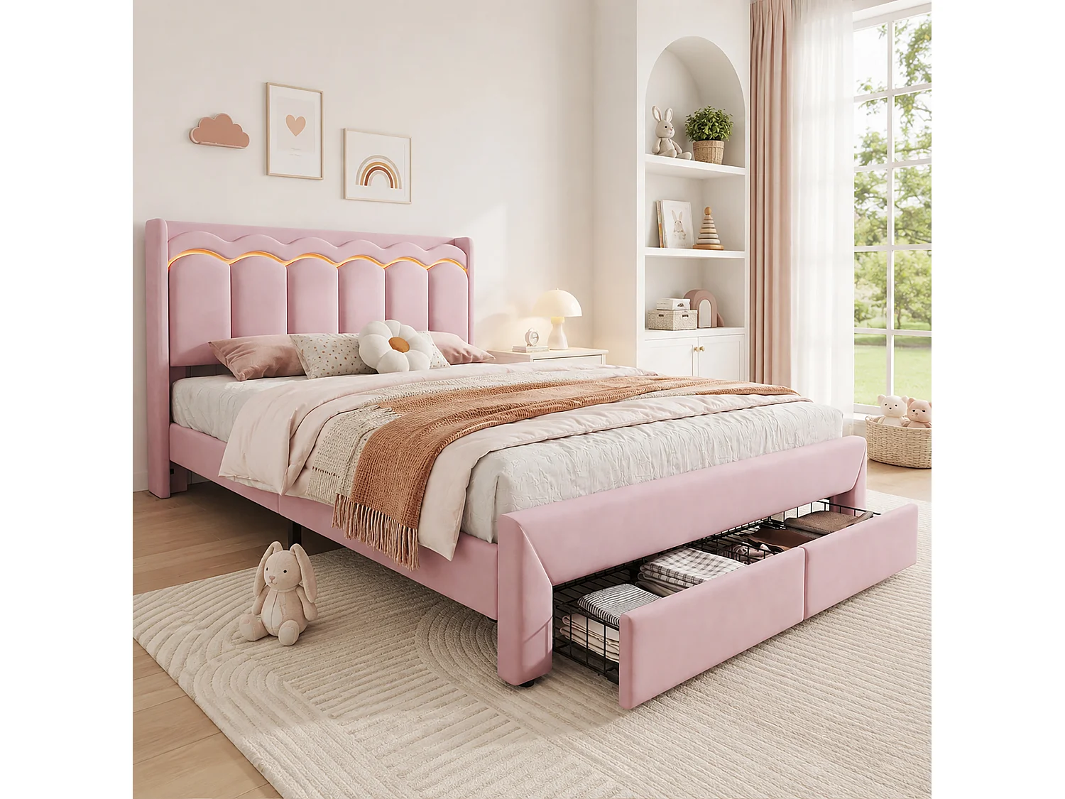 Letto per bambini 140 x 200 cm con 1 cassetto, testiera ondulata, contenitore e luci LED - Velluto - Rosa (materasso non incluso)