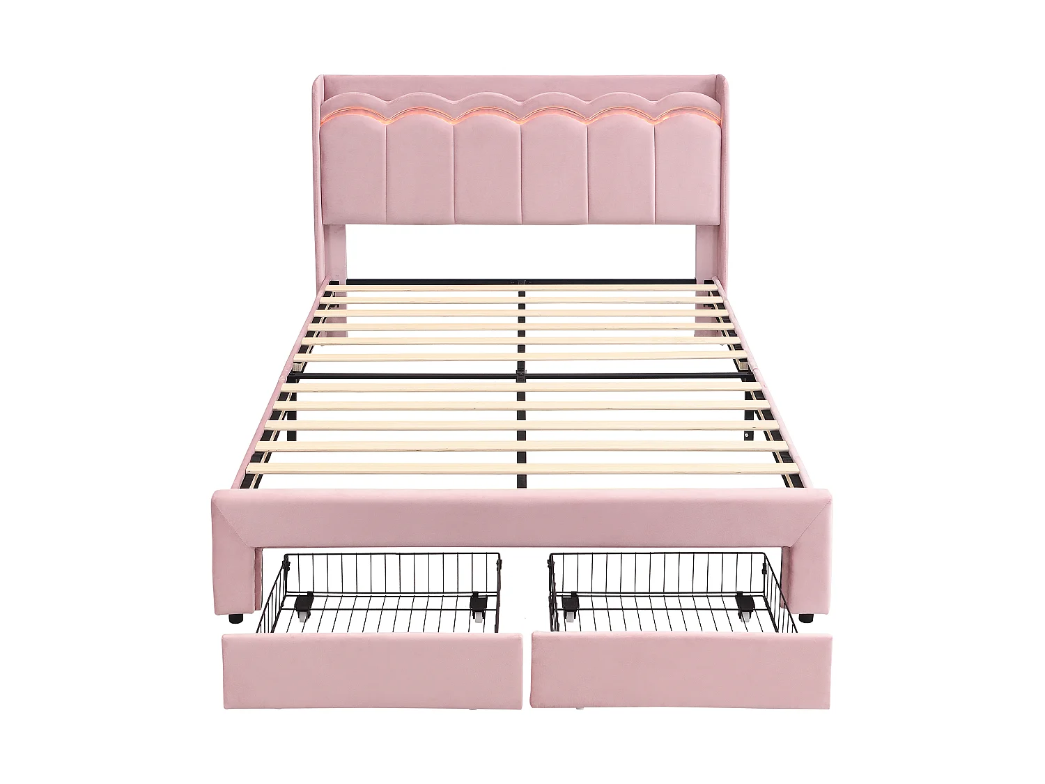 Letto per bambini 140 x 200 cm con 1 cassetto, testiera ondulata, contenitore e luci LED - Velluto - Rosa (materasso non incluso)