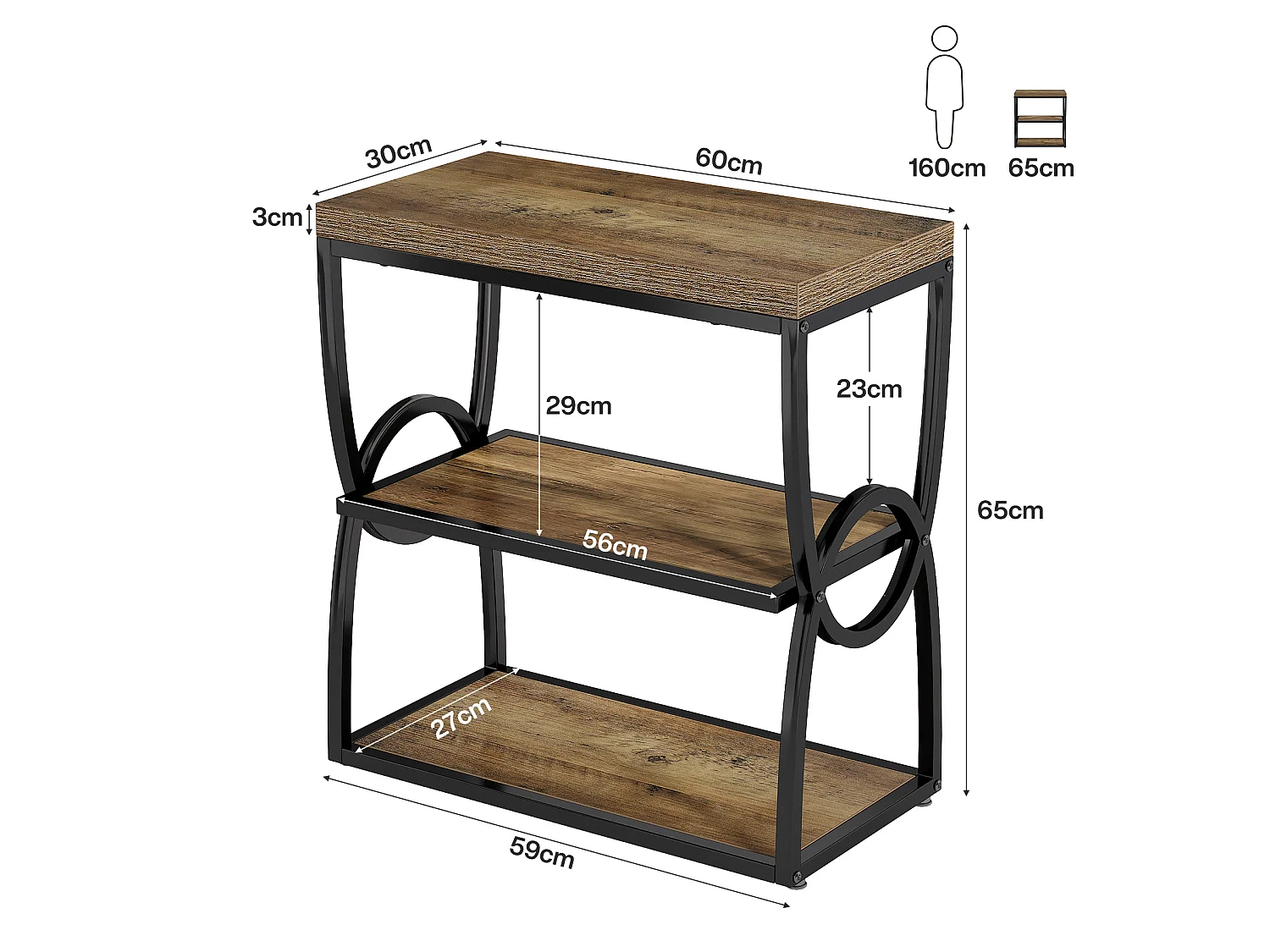 Mesa auxiliar estrecha, mesa lateral para sofá con almacenamiento, almacenamiento de 3 niveles en estilo rústico marrón
