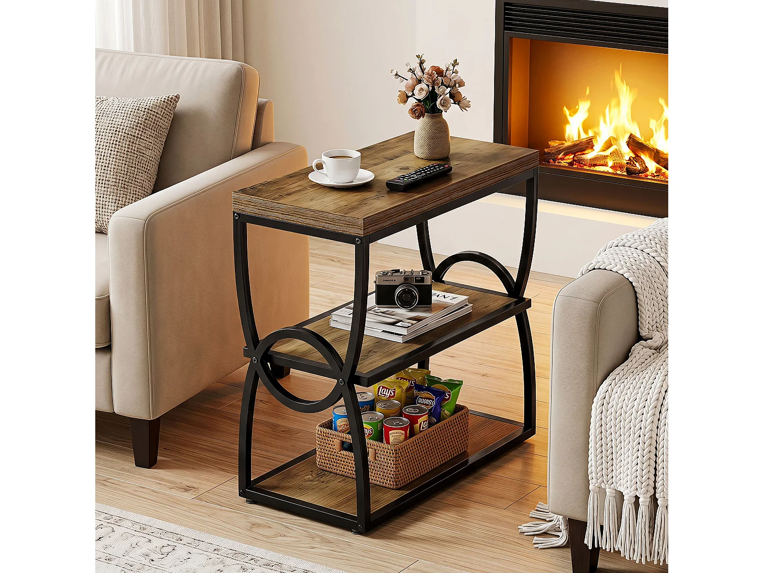 Mesa auxiliar estrecha, mesa lateral para sofá con almacenamiento, almacenamiento de 3 niveles en estilo rústico marrón