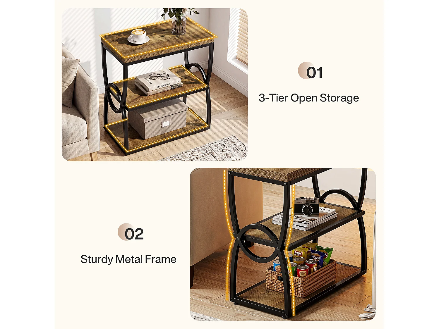 Mesa auxiliar estrecha, mesa lateral para sofá con almacenamiento, almacenamiento de 3 niveles en estilo rústico marrón