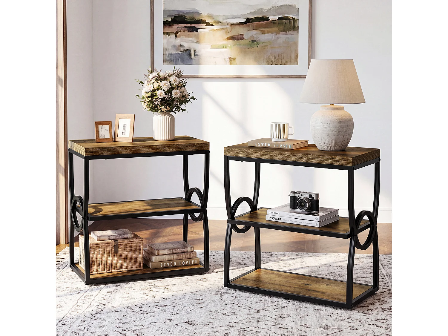 Mesa auxiliar estrecha, mesa lateral para sofá con almacenamiento, almacenamiento de 3 niveles en estilo rústico marrón