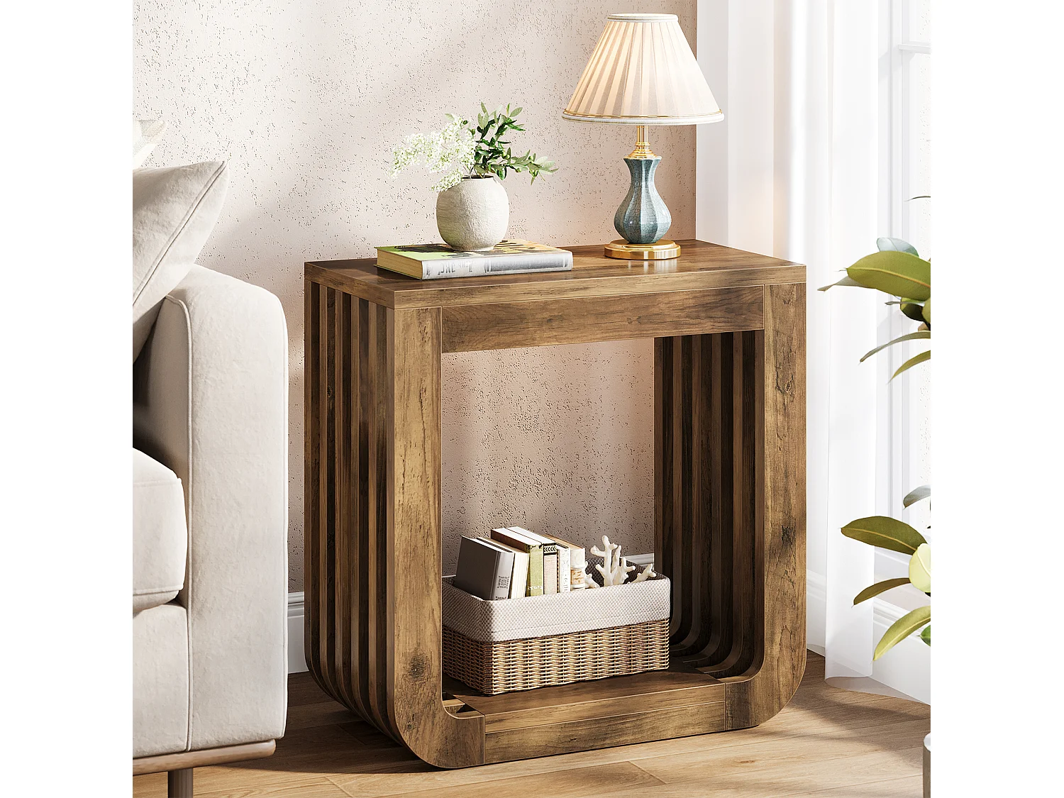 Table d'appoint, table de chevet étroite de style campagnard avec structure ajourée, table d'appoint rustique en bois pour canapé