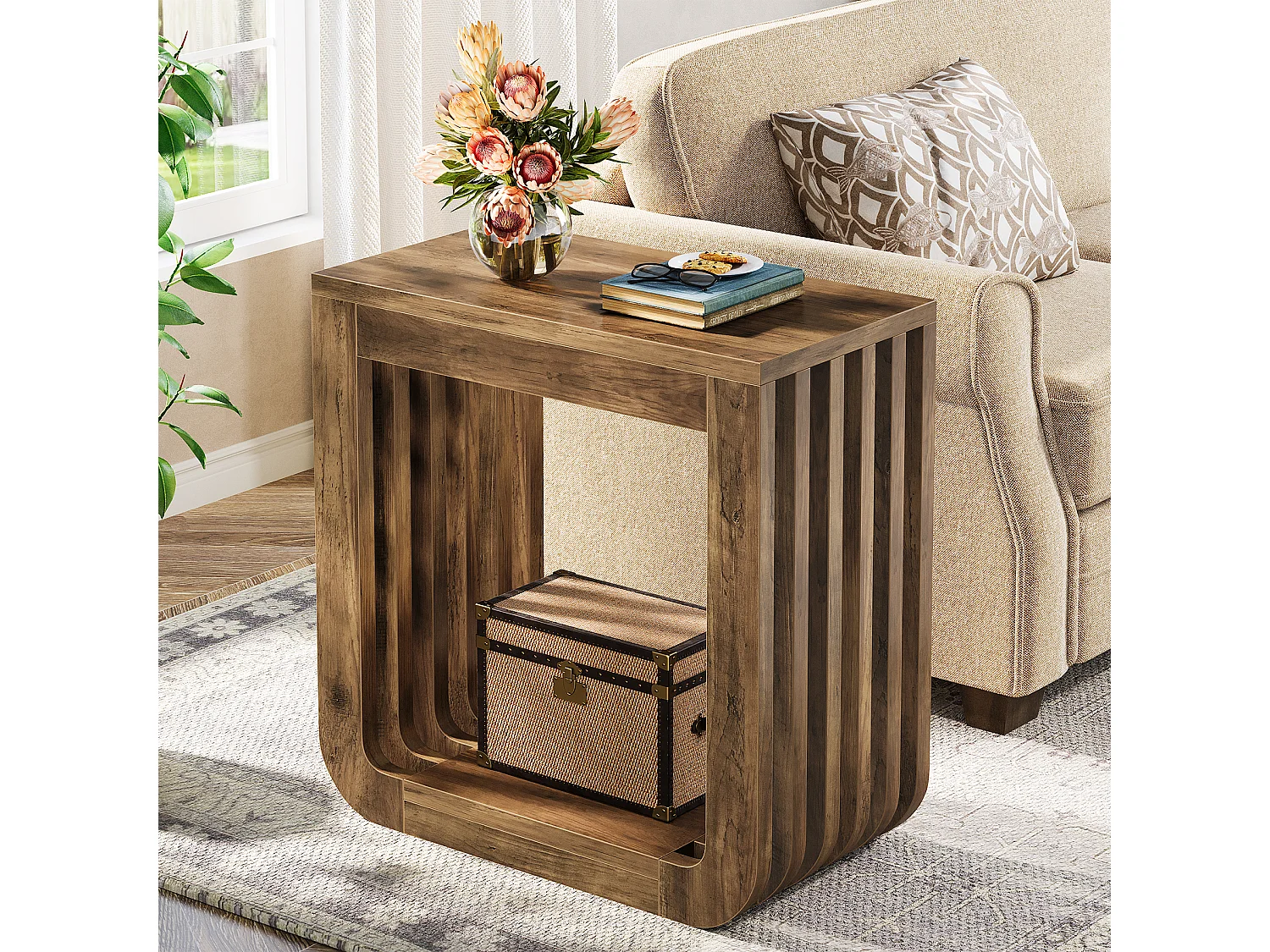 Table d'appoint, table de chevet étroite de style campagnard avec structure ajourée, table d'appoint rustique en bois pour canapé