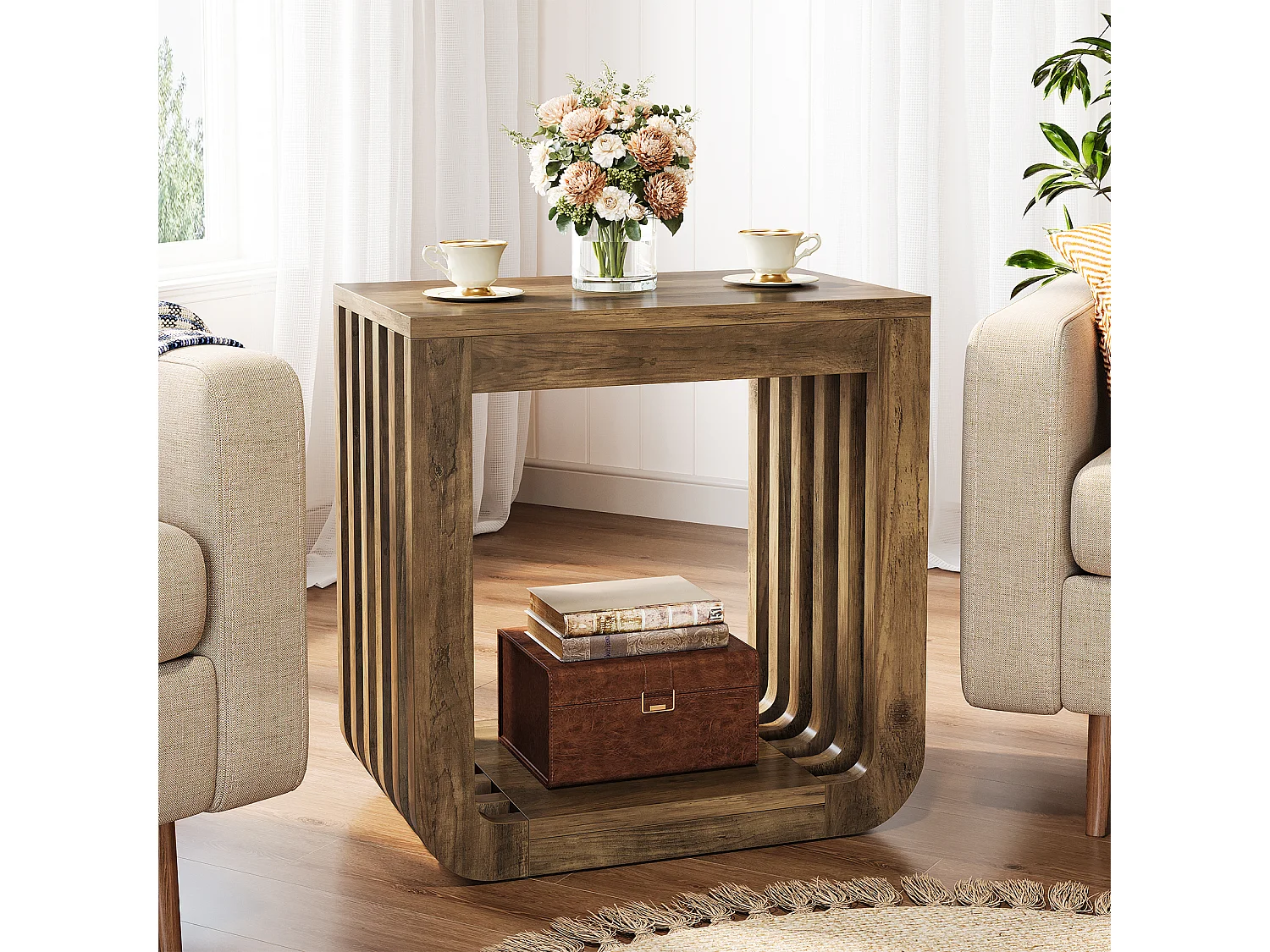Table d'appoint, table de chevet étroite de style campagnard avec structure ajourée, table d'appoint rustique en bois pour canapé