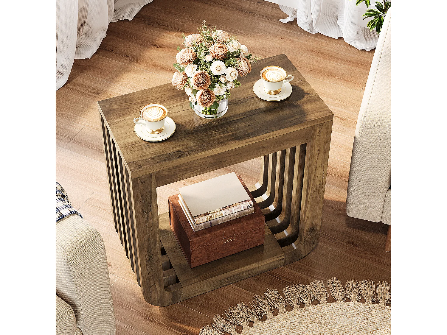 Table d'appoint, table de chevet étroite de style campagnard avec structure ajourée, table d'appoint rustique en bois pour canapé