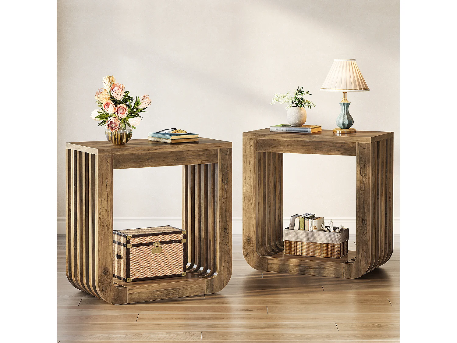 Table d'appoint, table de chevet étroite de style campagnard avec structure ajourée, table d'appoint rustique en bois pour canapé