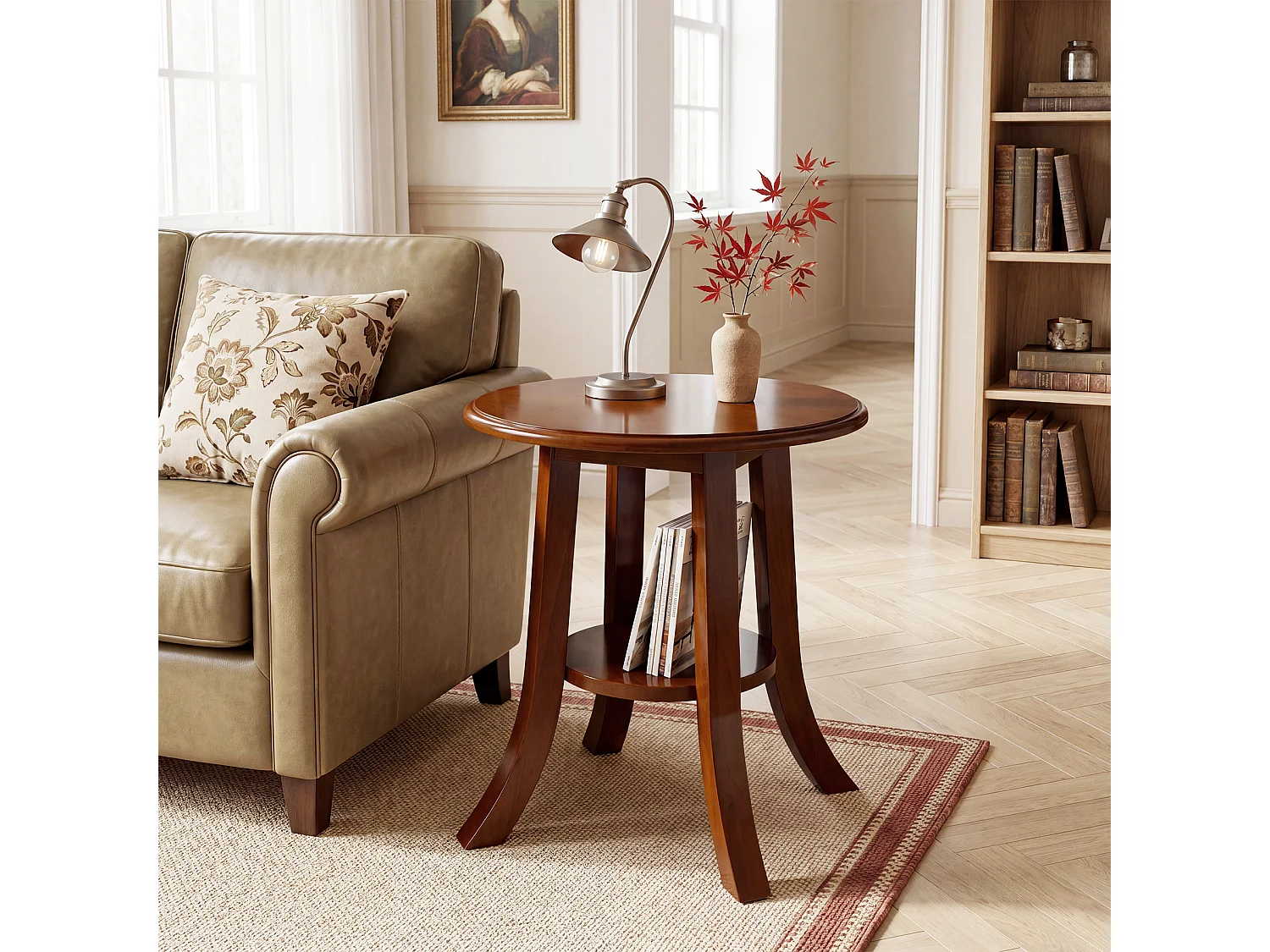 Mesa de final de mesa redonda, mesa lateral de madera maciza de dos niveles, mesa decorativa pequeña