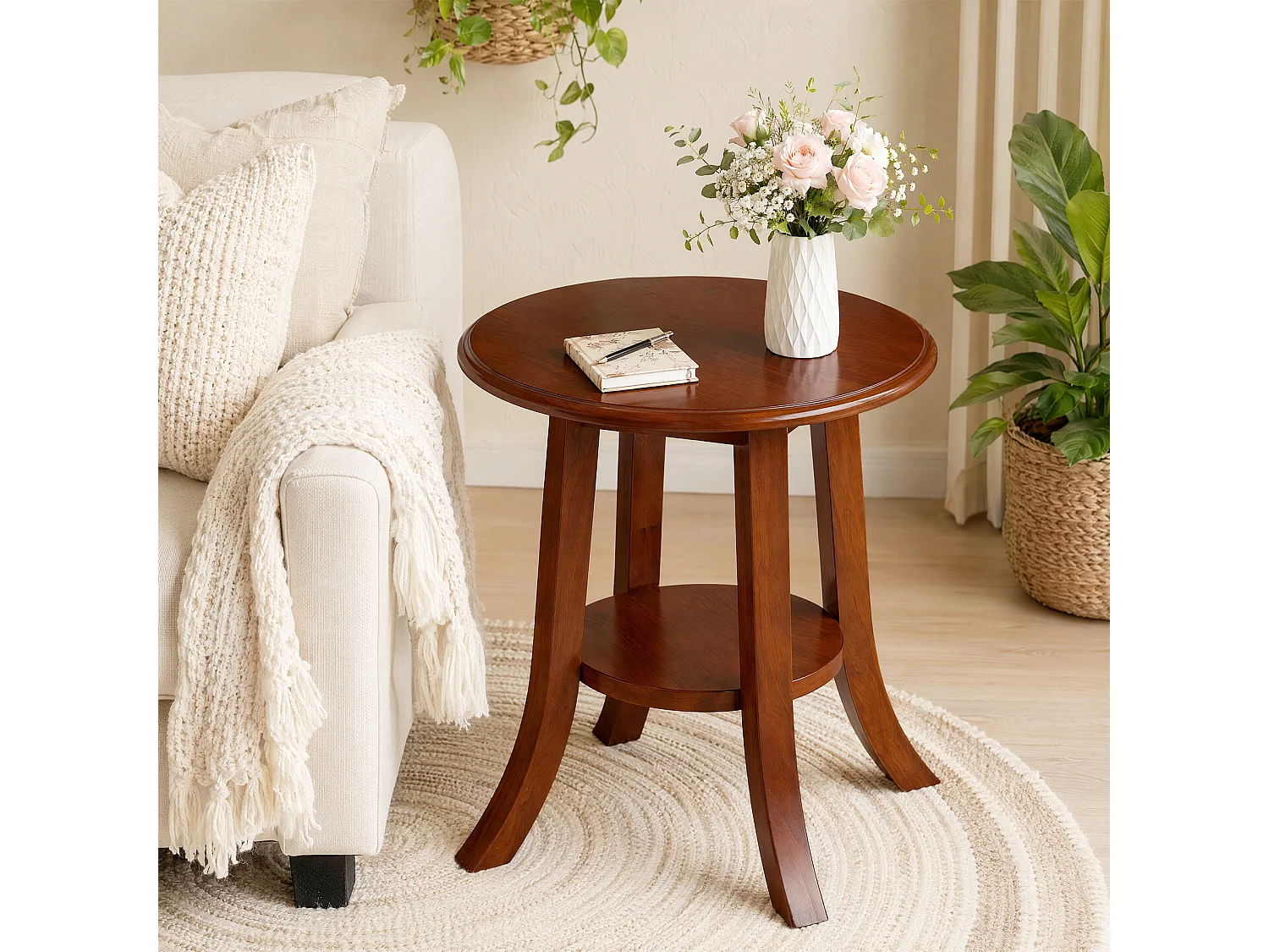 Mesa de final de mesa redonda, mesa lateral de madera maciza de dos niveles, mesa decorativa pequeña