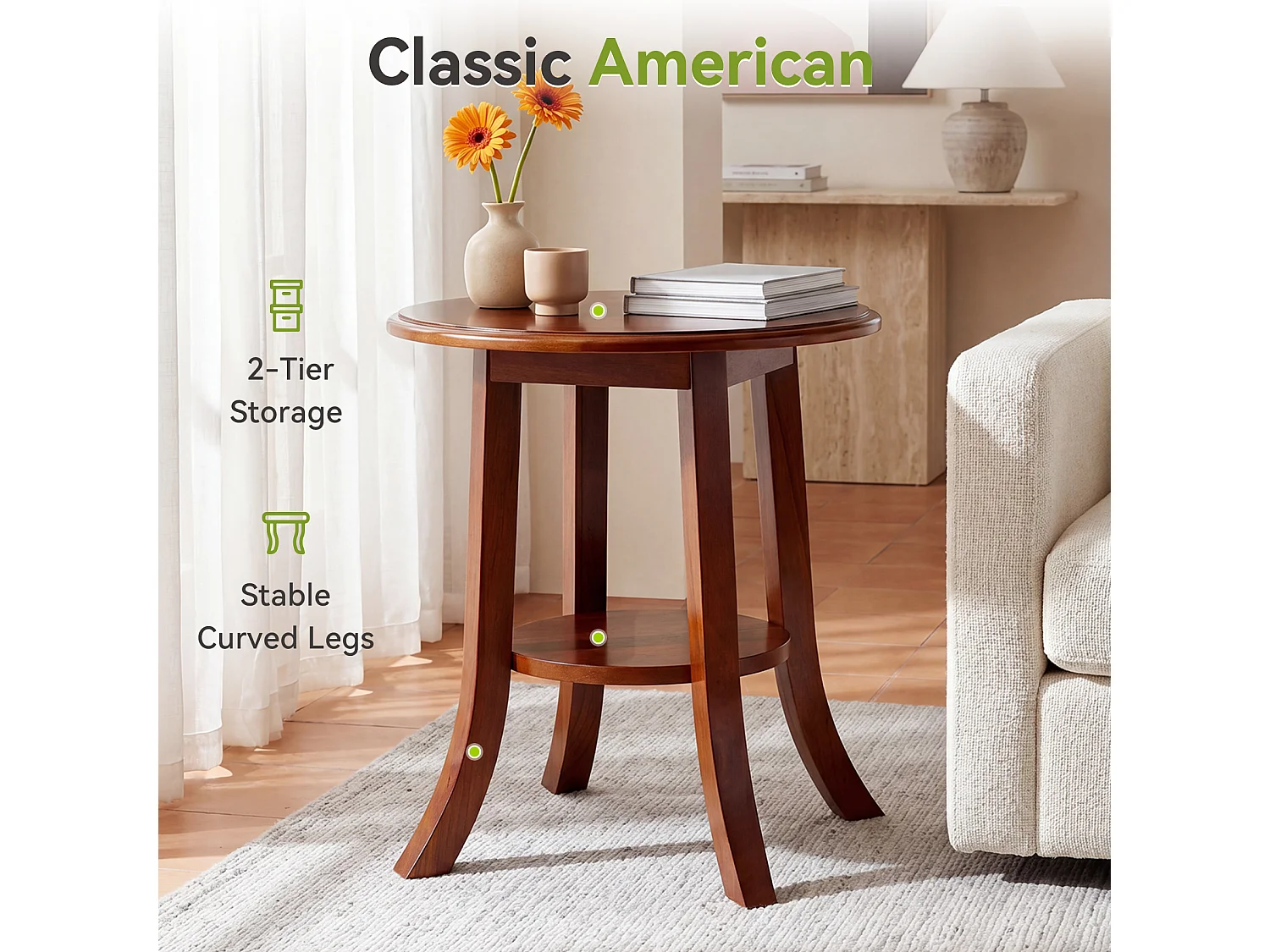 Mesa de final de mesa redonda, mesa lateral de madera maciza de dos niveles, mesa decorativa pequeña