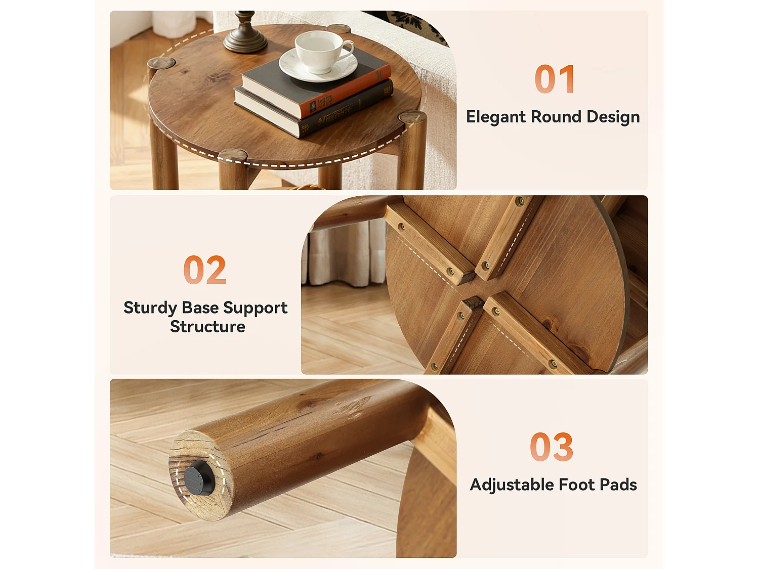 Mesa auxiliar redonda de madera maciza, mesa de lado pequeña de dos niveles con estante de almacenamiento