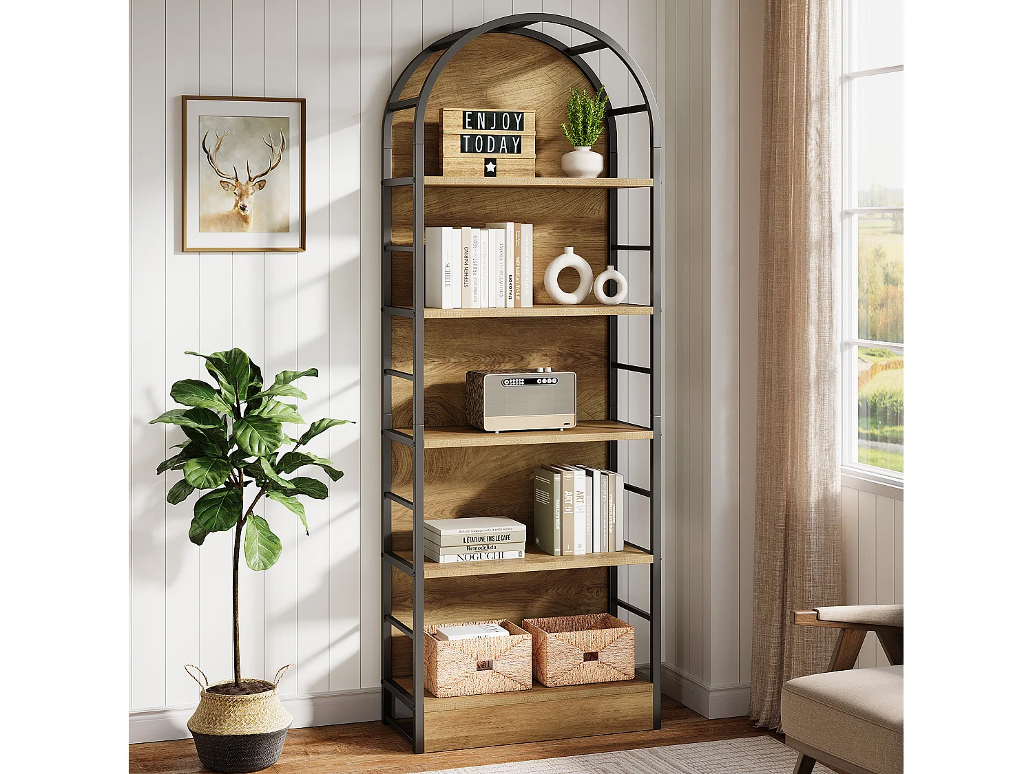 Bibliothèque cintrée à 5 niveaux, étagères ouvertes de style industriel de 180 cm de haut