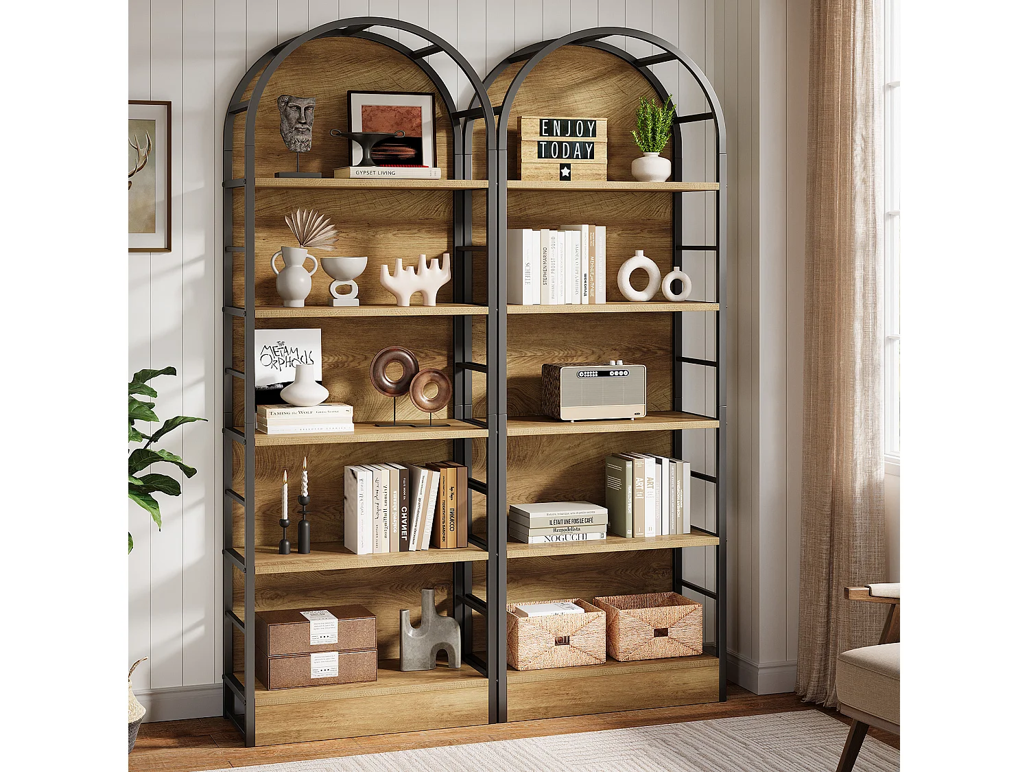 Bibliothèque cintrée à 5 niveaux, étagères ouvertes de style industriel de 180 cm de haut