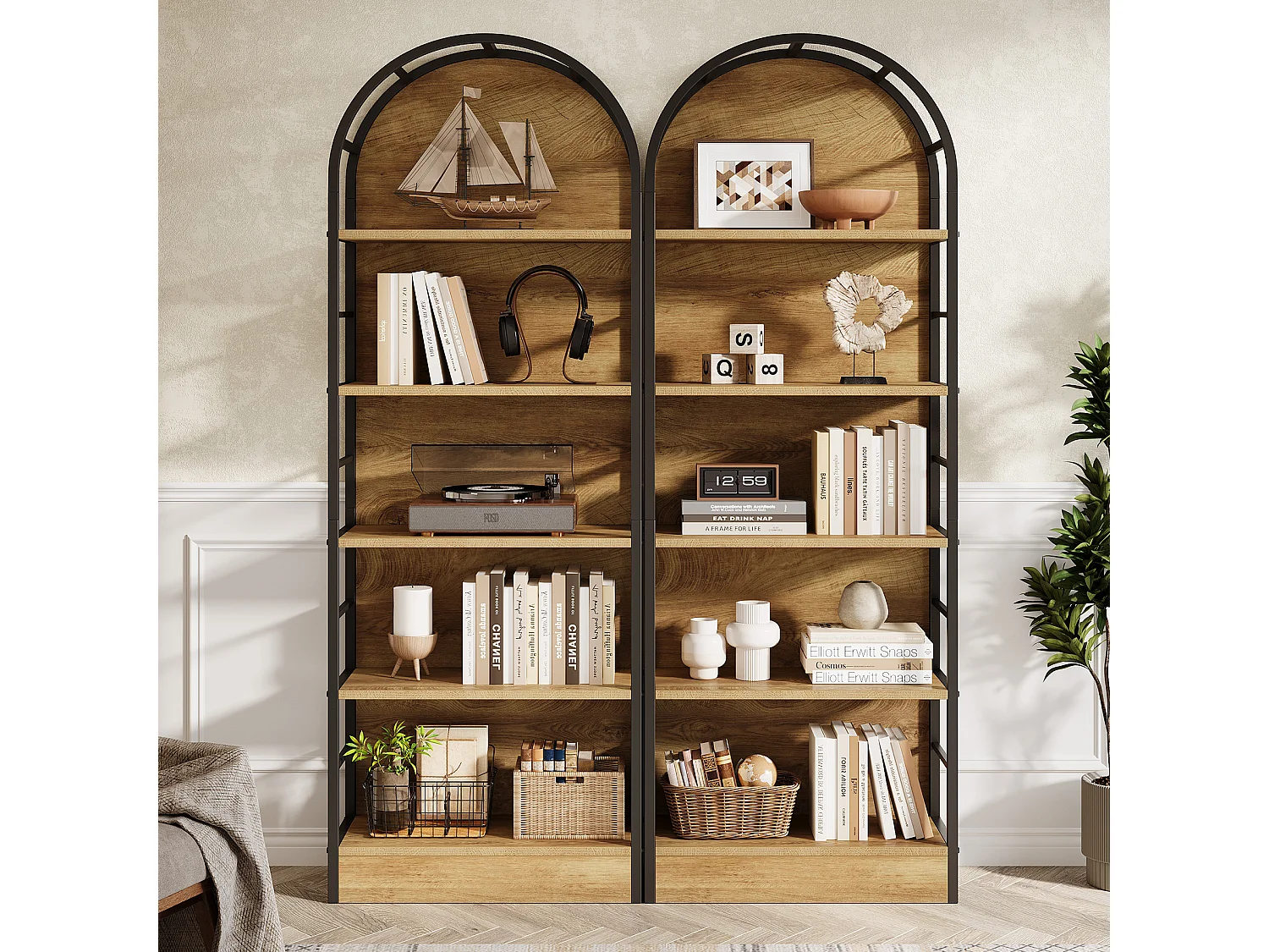 Bibliothèque cintrée à 5 niveaux, étagères ouvertes de style industriel de 180 cm de haut