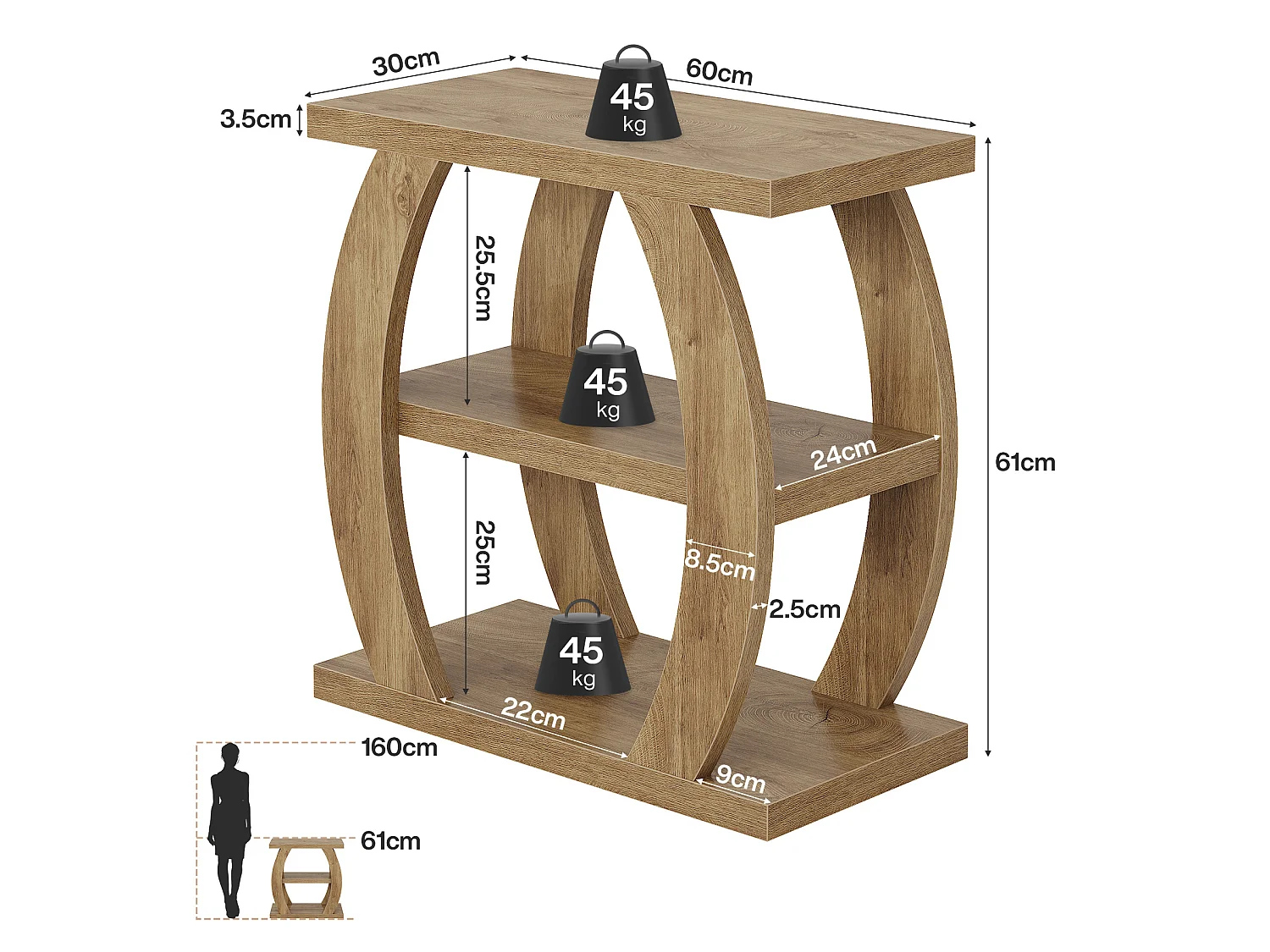 Mesa auxiliar para sala de estar, mesa lateral estrecha de 3 niveles con almacenamiento