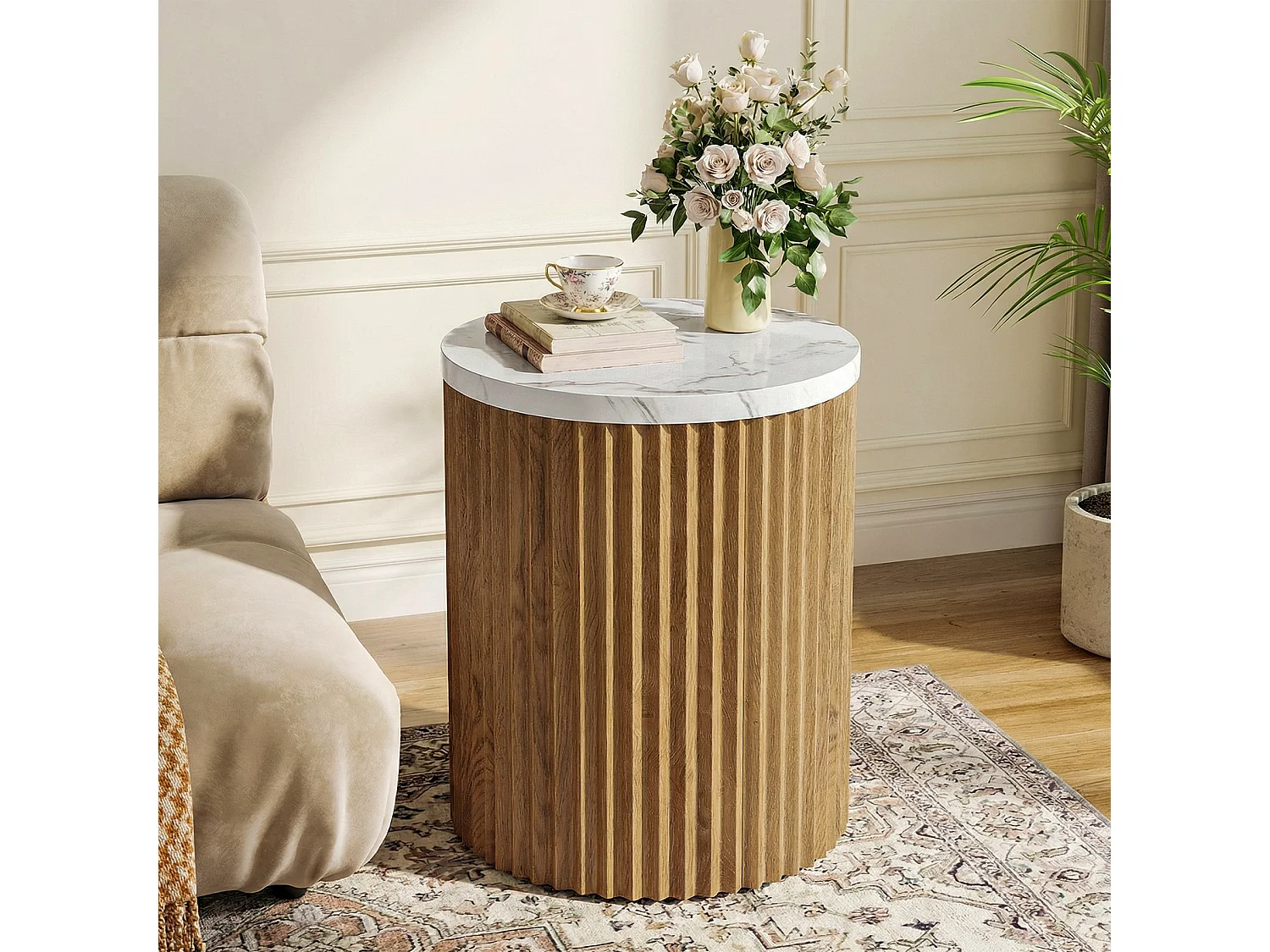 Mesa auxiliar redonda pequeña, mesa de extremo circular con estrías, superficie de mesa de mármol sintético, MDF
