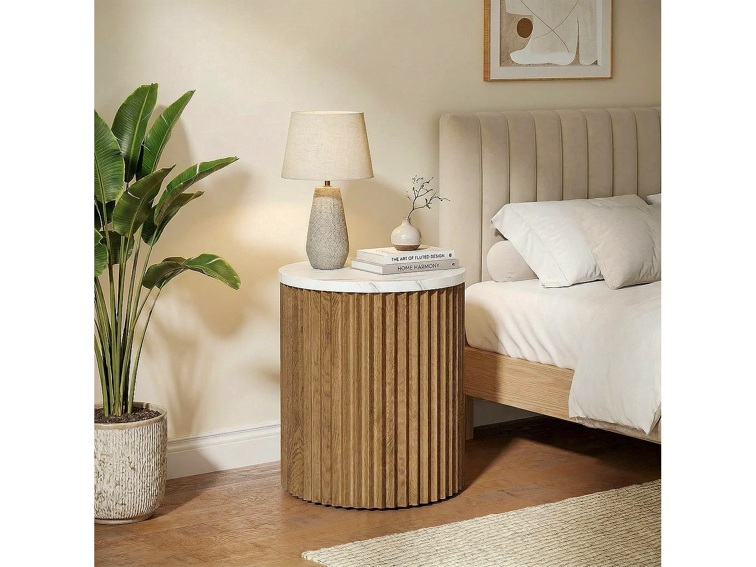 Mesa auxiliar redonda pequeña, mesa de extremo circular con estrías, superficie de mesa de mármol sintético, MDF