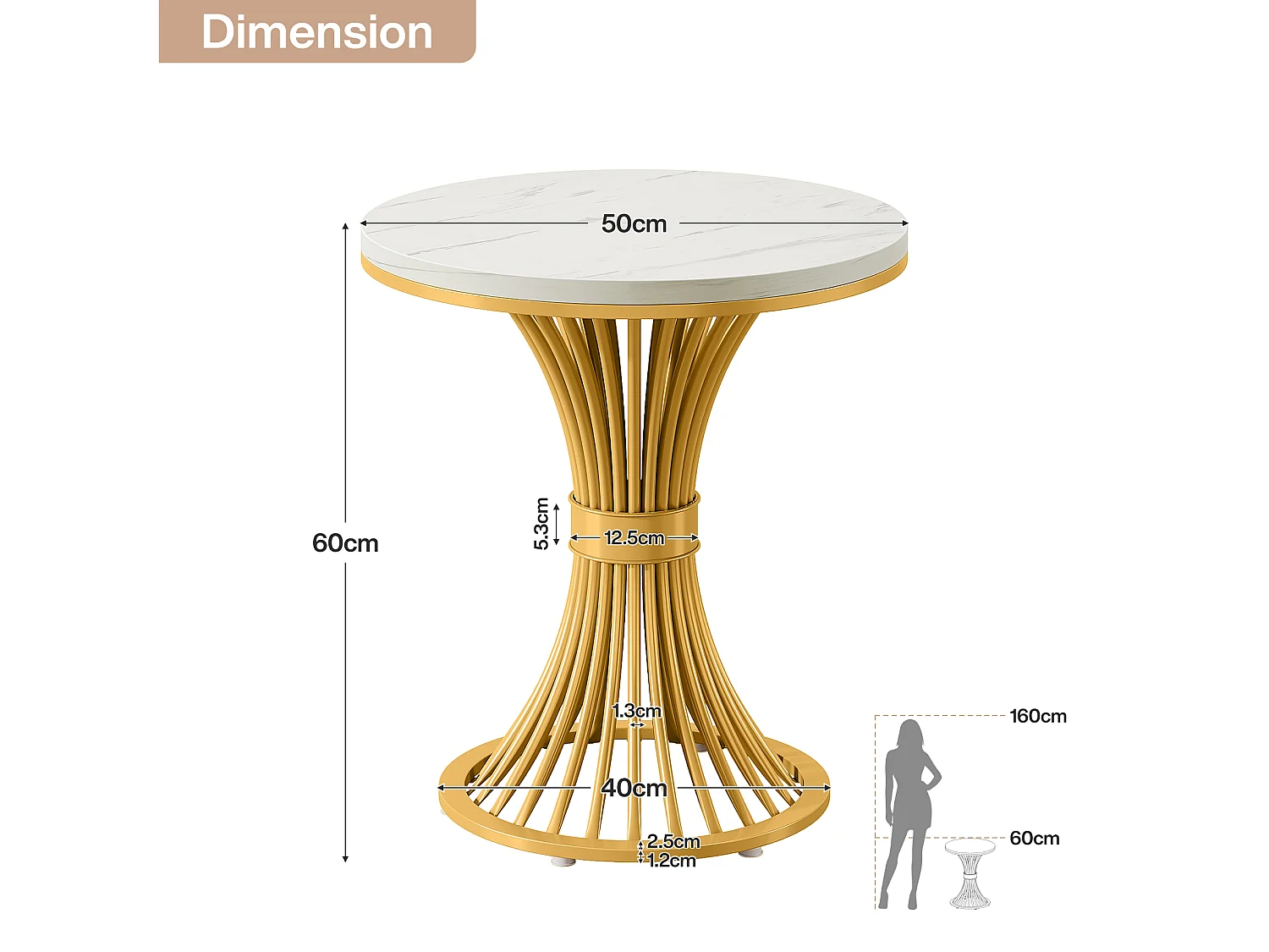 Mesa de centro redonda de 50 cm, mesa auxiliar moderna de imitación de mármol con base de metal dorado, MDF