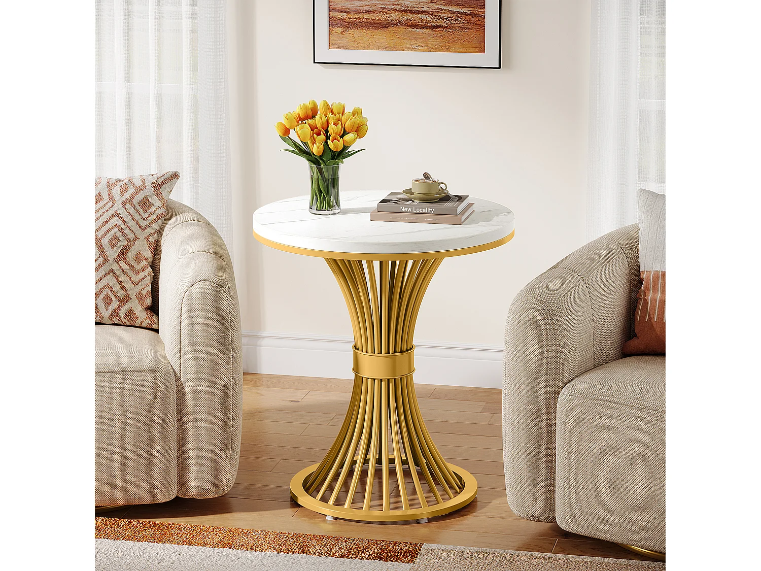 Mesa de centro redonda de 50 cm, mesa auxiliar moderna de imitación de mármol con base de metal dorado, MDF