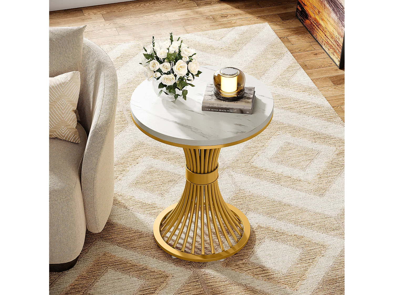 Mesa de centro redonda de 50 cm, mesa auxiliar moderna de imitación de mármol con base de metal dorado, MDF
