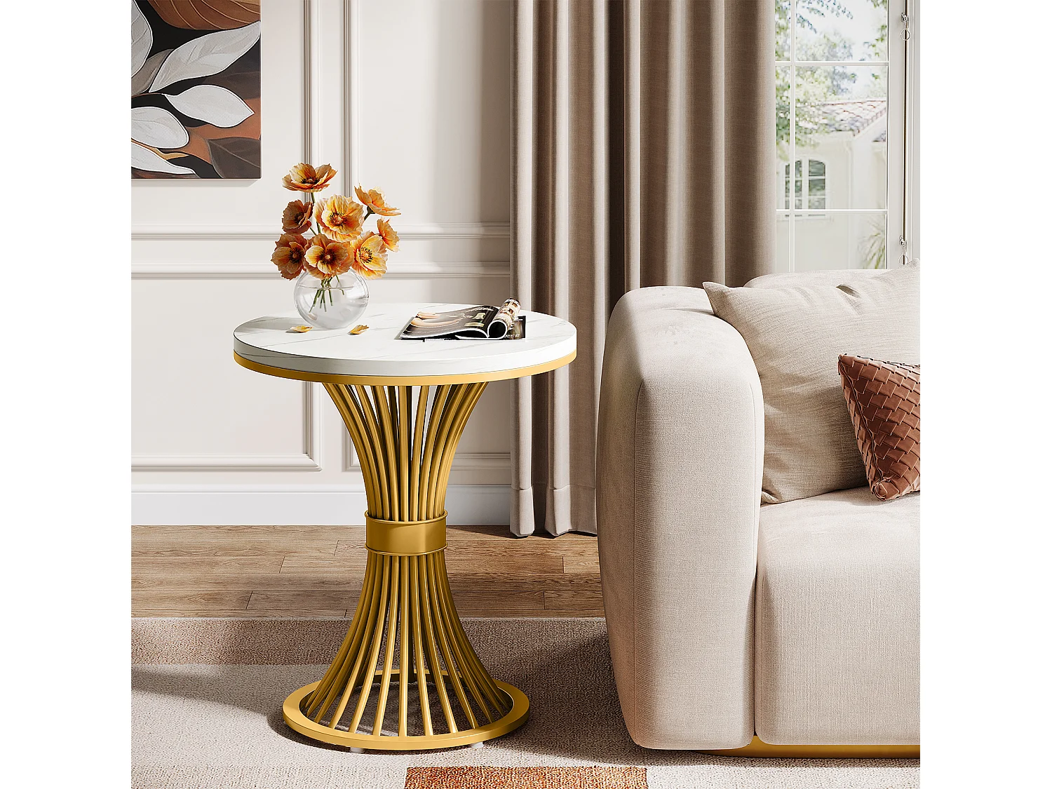 Mesa de centro redonda de 50 cm, mesa auxiliar moderna de imitación de mármol con base de metal dorado, MDF