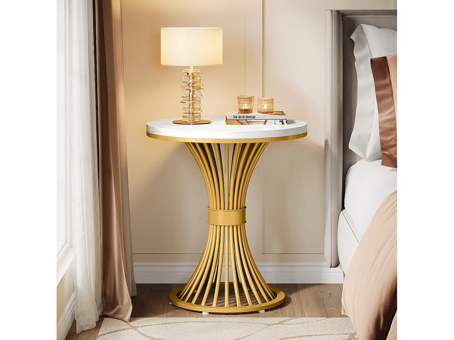 Mesa de centro redonda de 50 cm, mesa auxiliar moderna de imitación de mármol con base de metal dorado, MDF